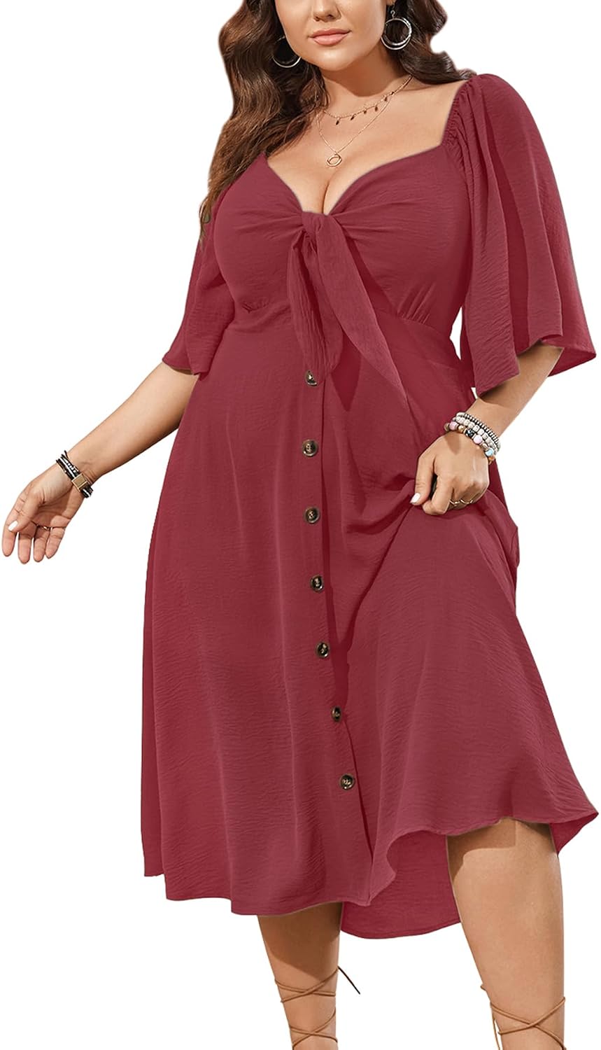 Thumbnail 6 de SCOMCHIC Plus Size Summer Dress with Tie Front Deep V Neck & Smocked Back