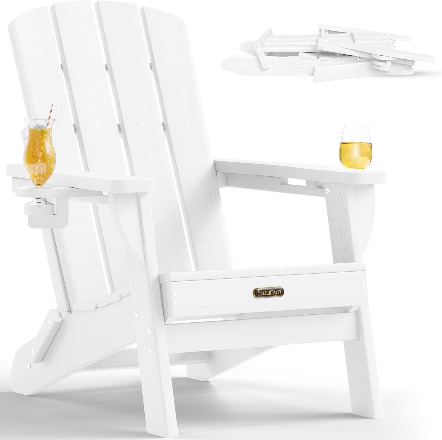 Detalle de SUUNYN Adirondack Chair, White Foldable HDPE with 2 Cup Holders
