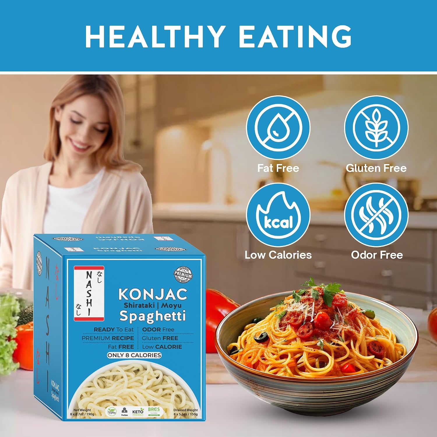 Detalle de Spaghetti Nashi Shirataki Konjac Moyu – Spaghetti cheto-friendly pronti da mangiare, 8 × 190 g