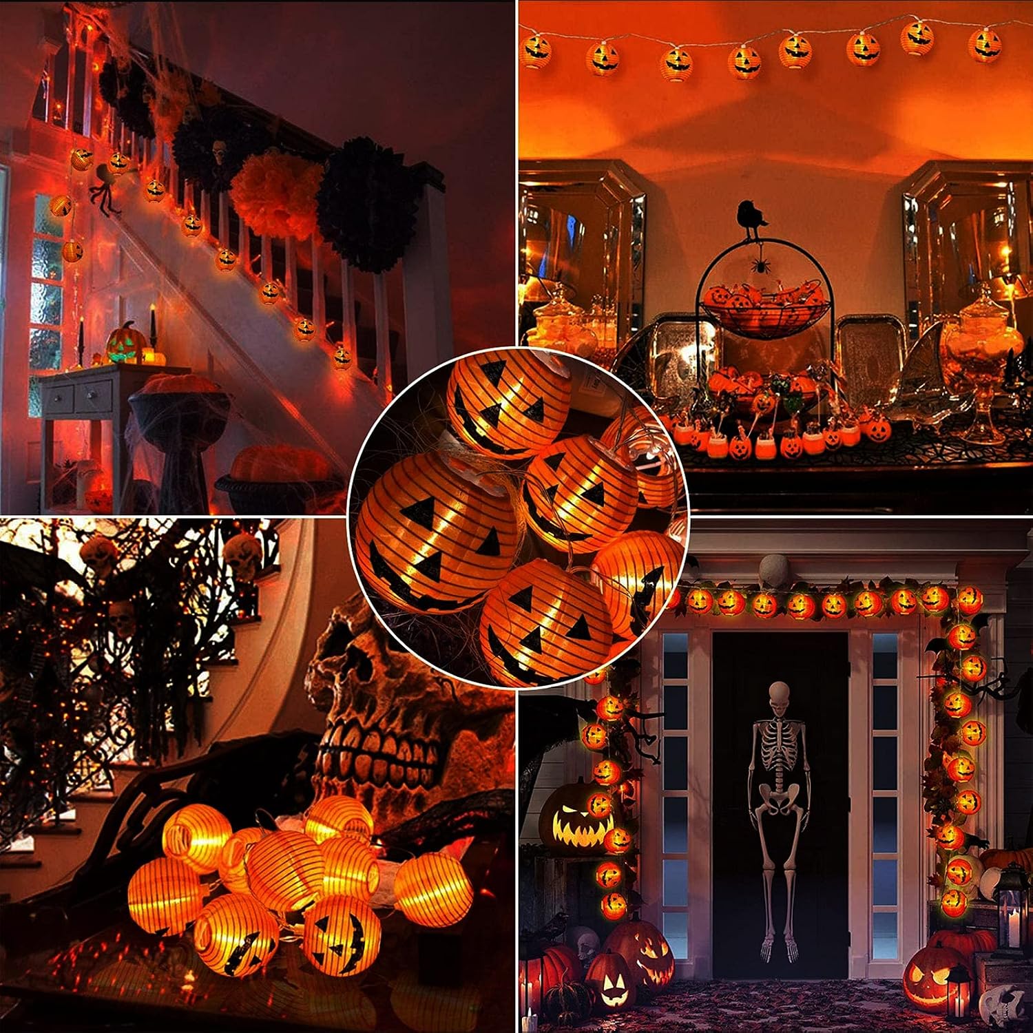 Detalle de Qedertek Halloween Kürbis Laternen Lichterkette – 4,3 m, 20 ORANGE Kürbis-Lampions, IP65, batteriebetrieben