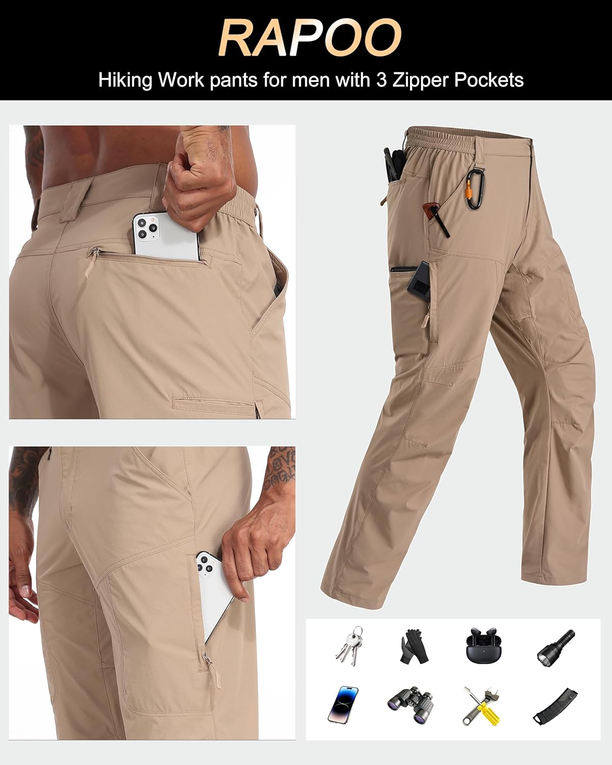 Thumbnail 4 de Rapoo Men's Hiking Pants: Lightweight, Water-Resistant Nylon Cargo with 6 Pockets