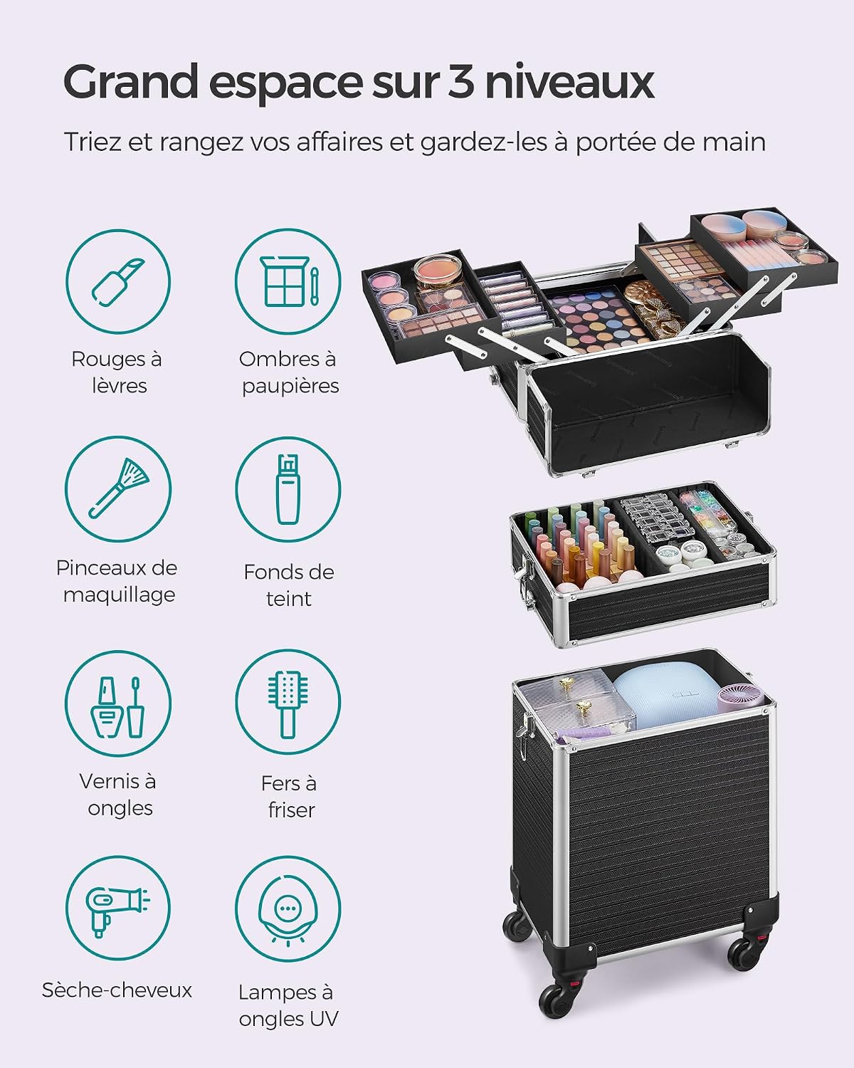 Detalle de Mallette de maquillage professionnelle SONGMICS 3-en-1 XXL JHZ014B01 – Verrouillable, roulettes 360°, Noir