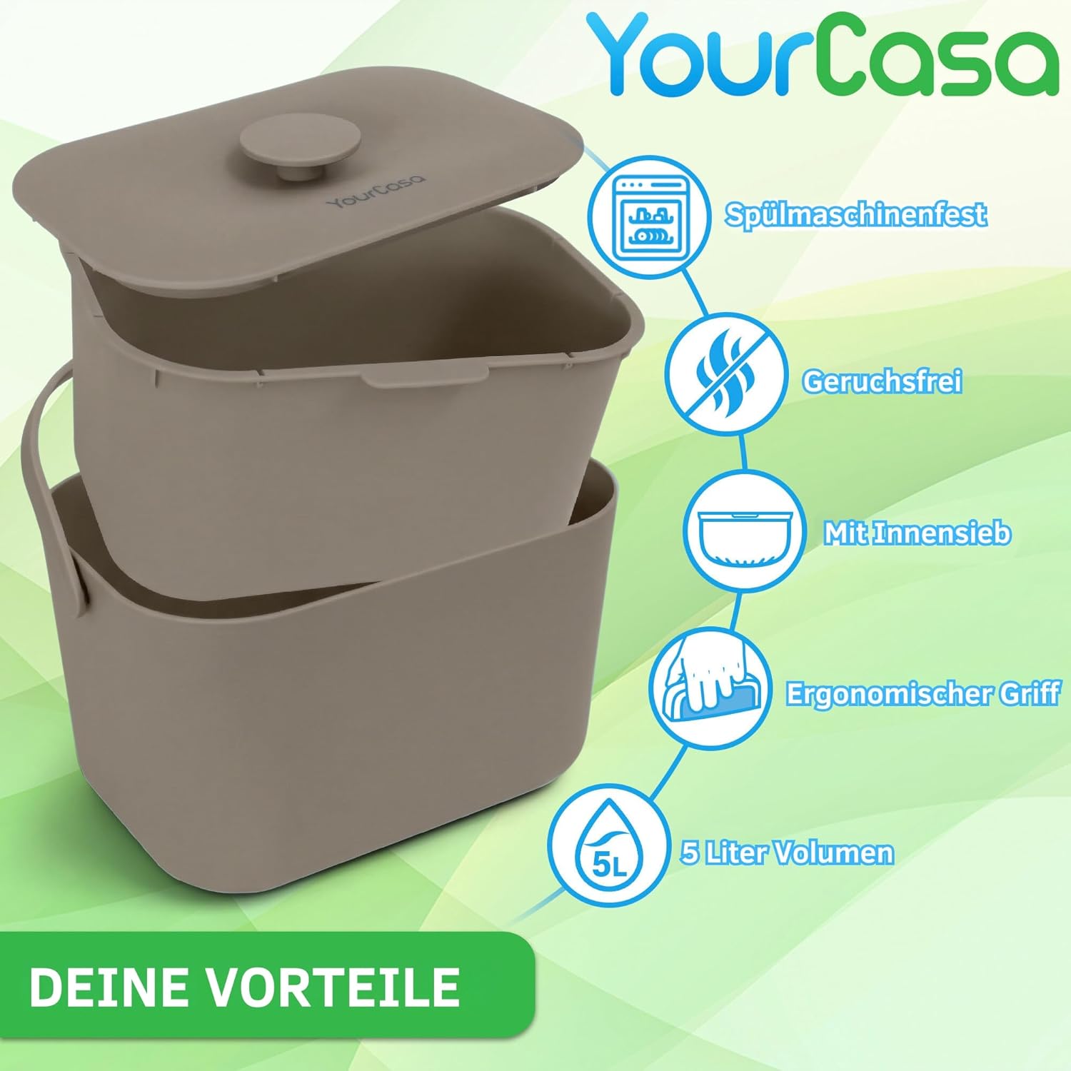 Thumbnail 4 de YourCasa Biomülleimer Küche 5L – kompakter Komposteimer mit Sieb, Geruchsschutz und spülmaschinenfest