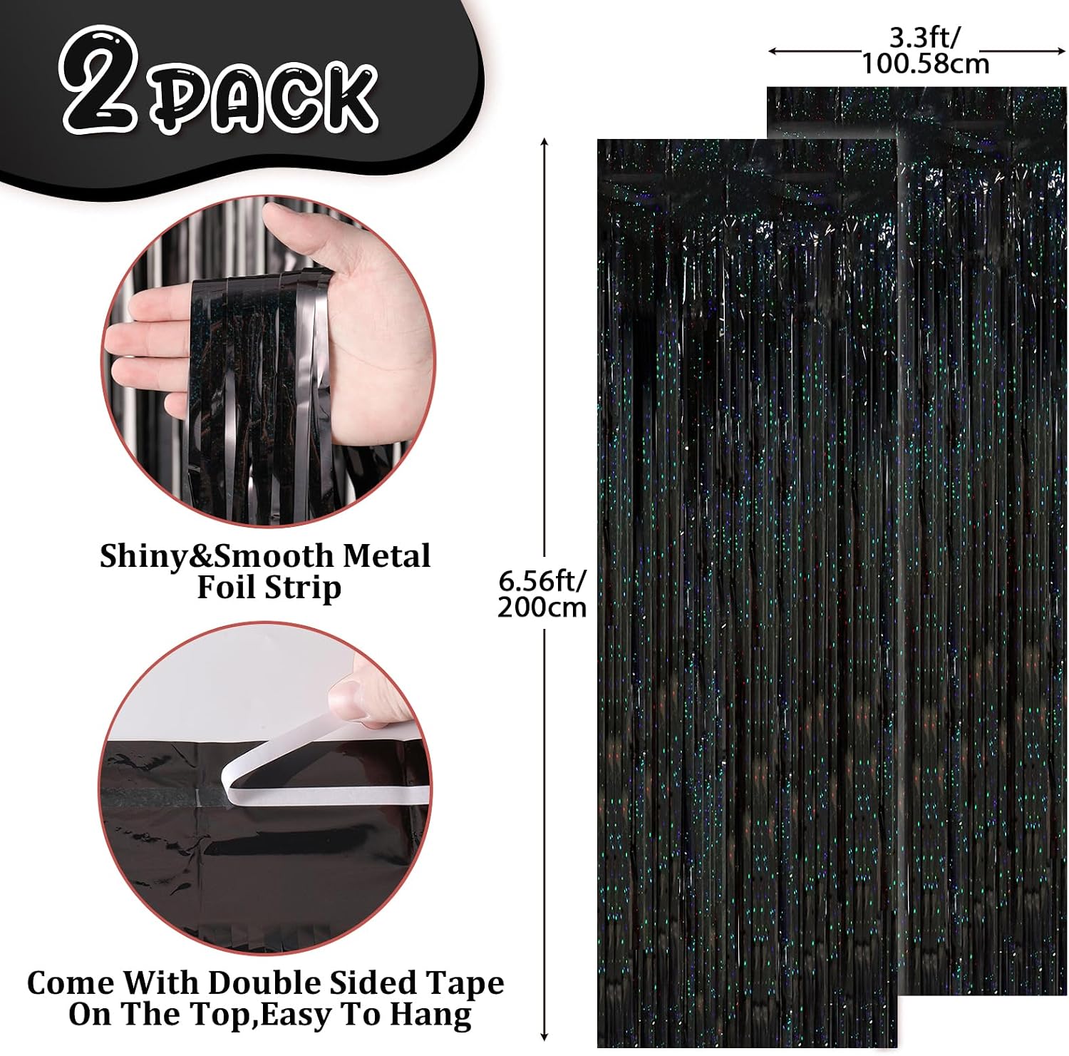 Detalle 2 de Voircoloria Laser Black Foil Fringe Backdrop Curtains, 2-Pack