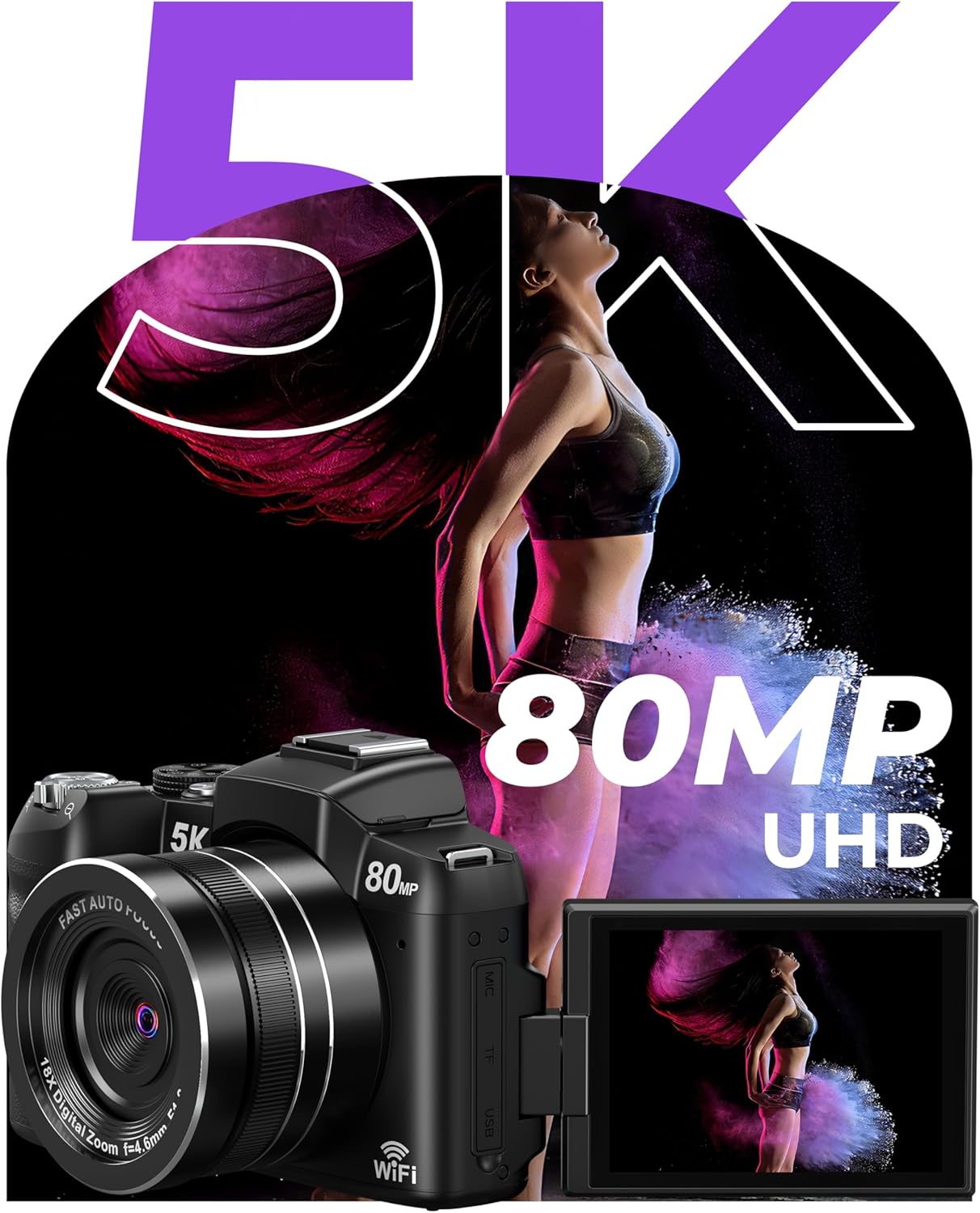 Thumbnail 1 de 5K Digital Camera with 80MP Sensor: 5K UHD Video, 18x Zoom, and 3" Flip Screen for Vlogging
