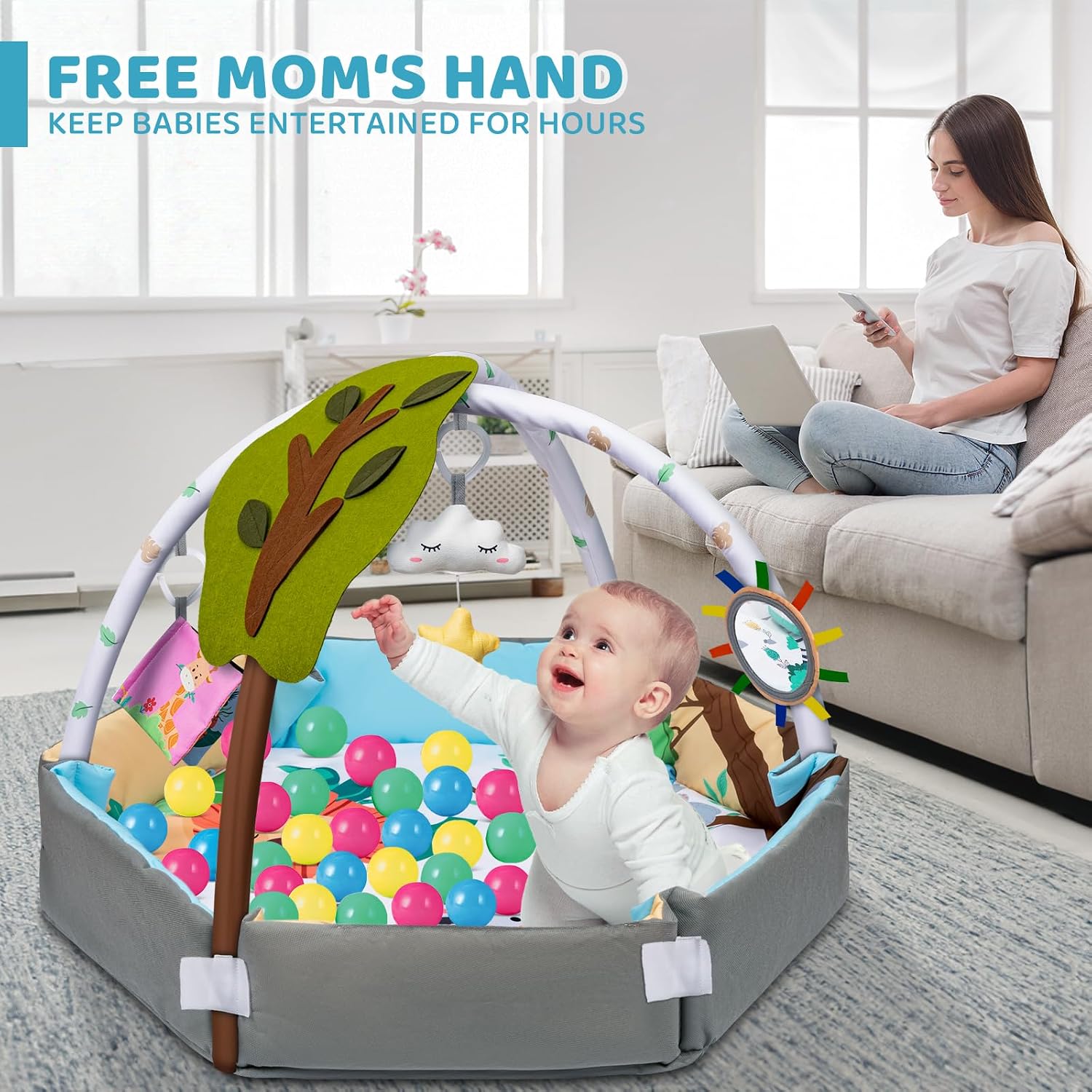 Detalle de Jyusmile 8-in-1 Baby Gym Play Mat with 6 Toys, Washable, Forest Theme