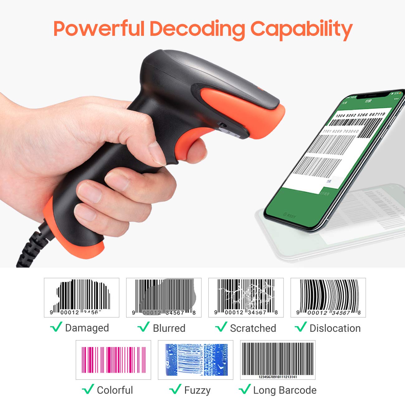 Detalle de Tera 1500C 1D Barcode Scanner – CCD, USB Wired, Handheld, Read Screen 1.5m Cable, Plug and Play