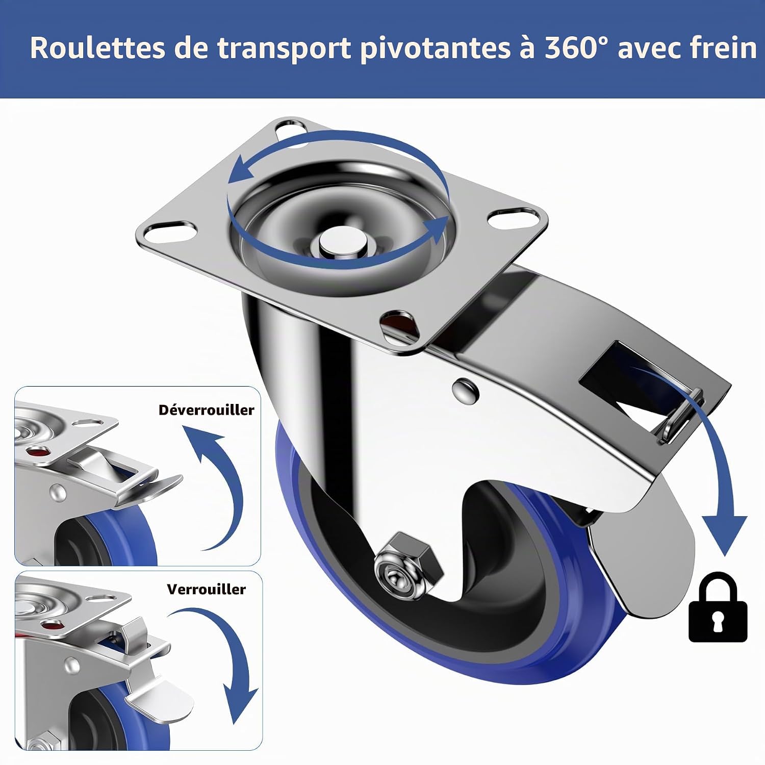 Detalle de Forever Speed zwenkwielen 100 mm met rem, rubber, set van 4
