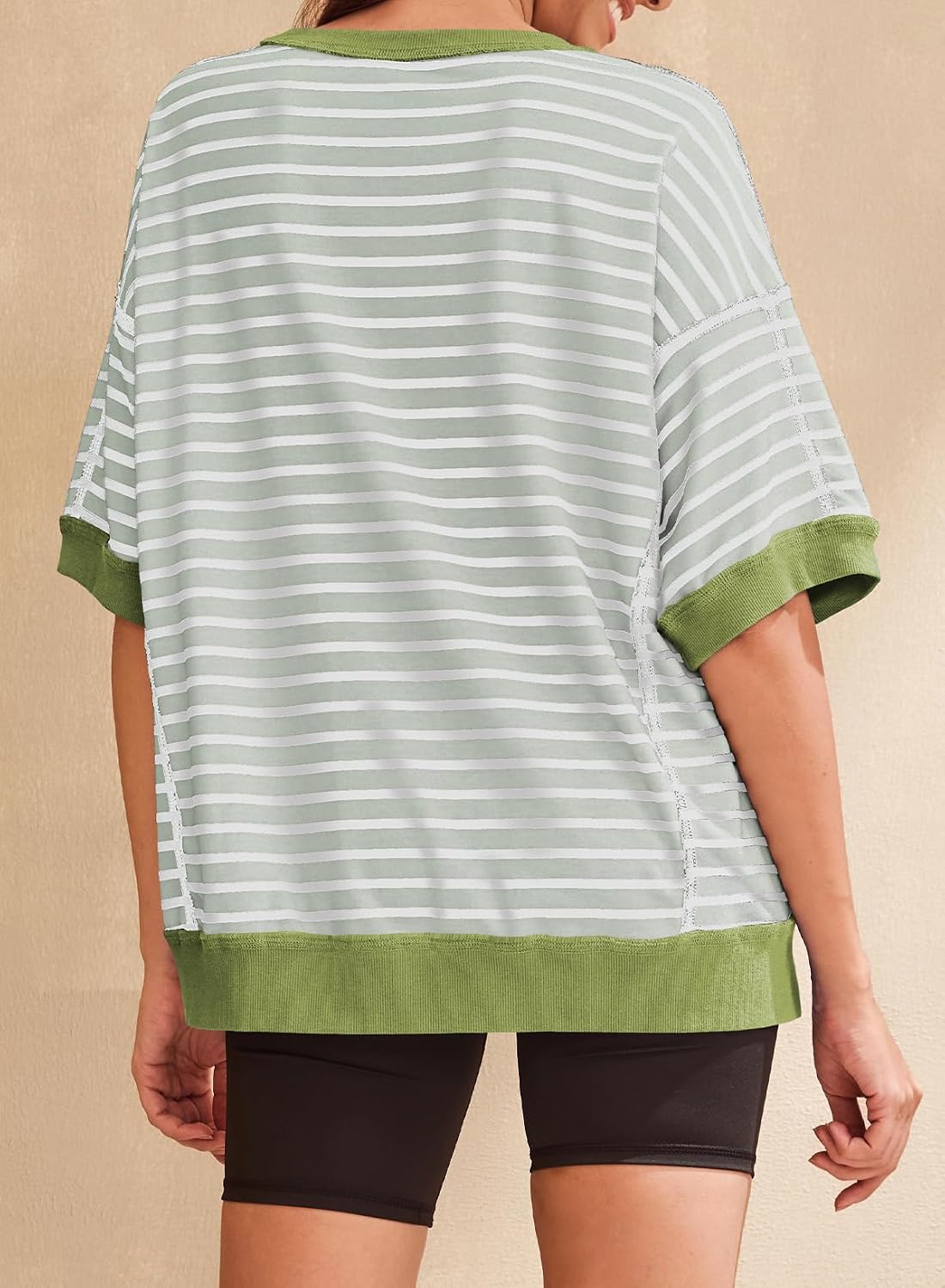 Detalle 2 de SHEWIN Womens Casual Short Sleeve Striped Crewneck Sweatshirt Top