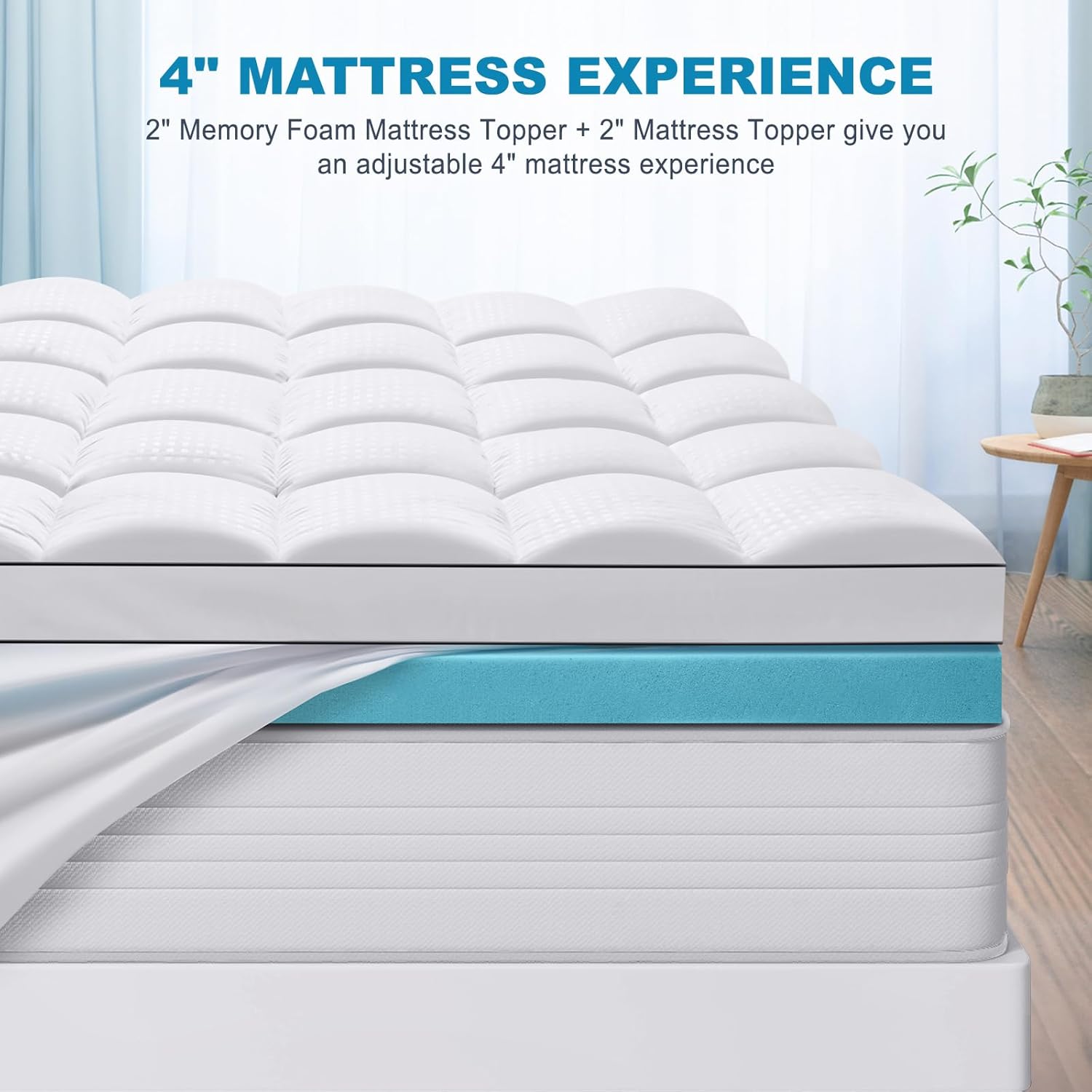 Thumbnail 5 de MASVIS Queen Size Dual Layer 4 Inch Memory Foam Mattress Topper (Cooling Gel + Pillow Top) – Medium Support