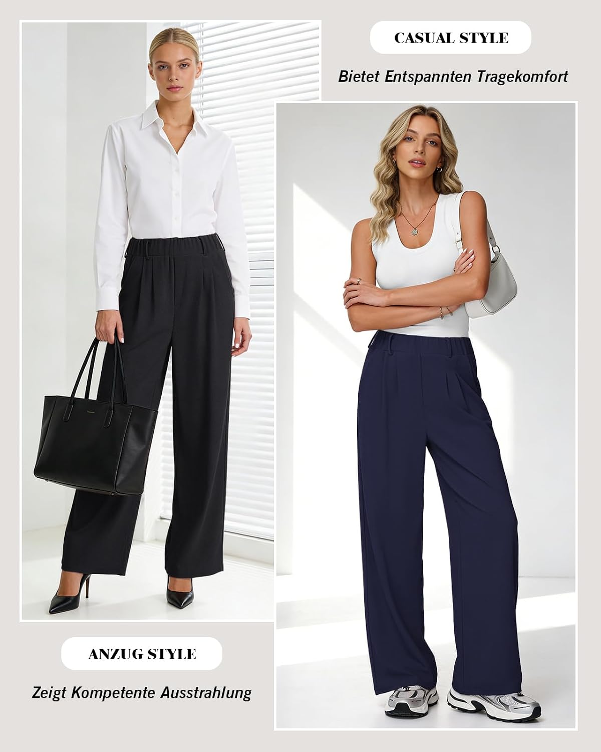 Detalle 1 de HMIYA Weite Hosen Damen – bügelfreie Palazzo- Stoffhose mit hoher Taille und Taschen