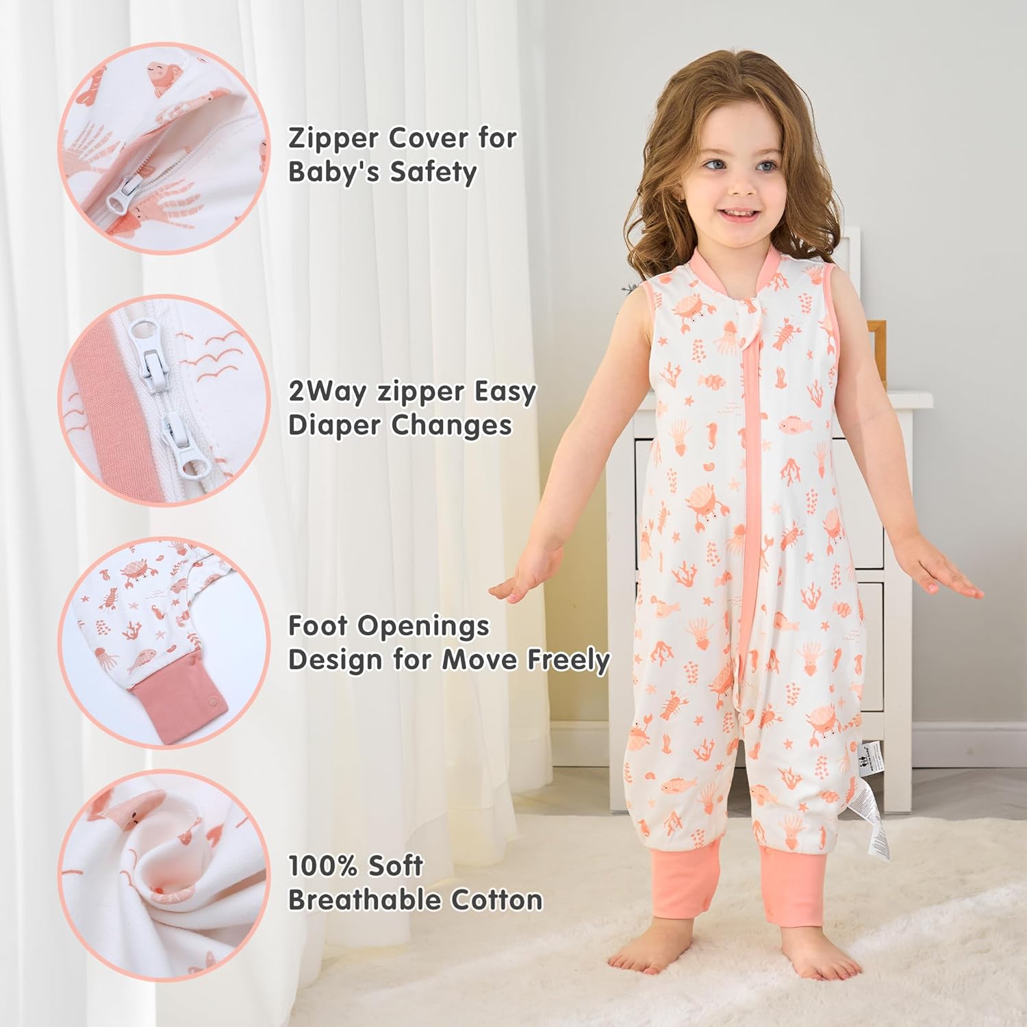 Thumbnail 3 de Baby Schlafsack mit Füßen 1.0 TOG aus 100% Baumwolle (Koralle, M) – ideal für Frühling & Herbst