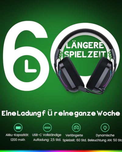 Detalle 2 de WESEARY WG1 Gaming-Headset kabellos mit 50-mm-Treibern, ENC-Mikrofon und 60 Stunden Akku