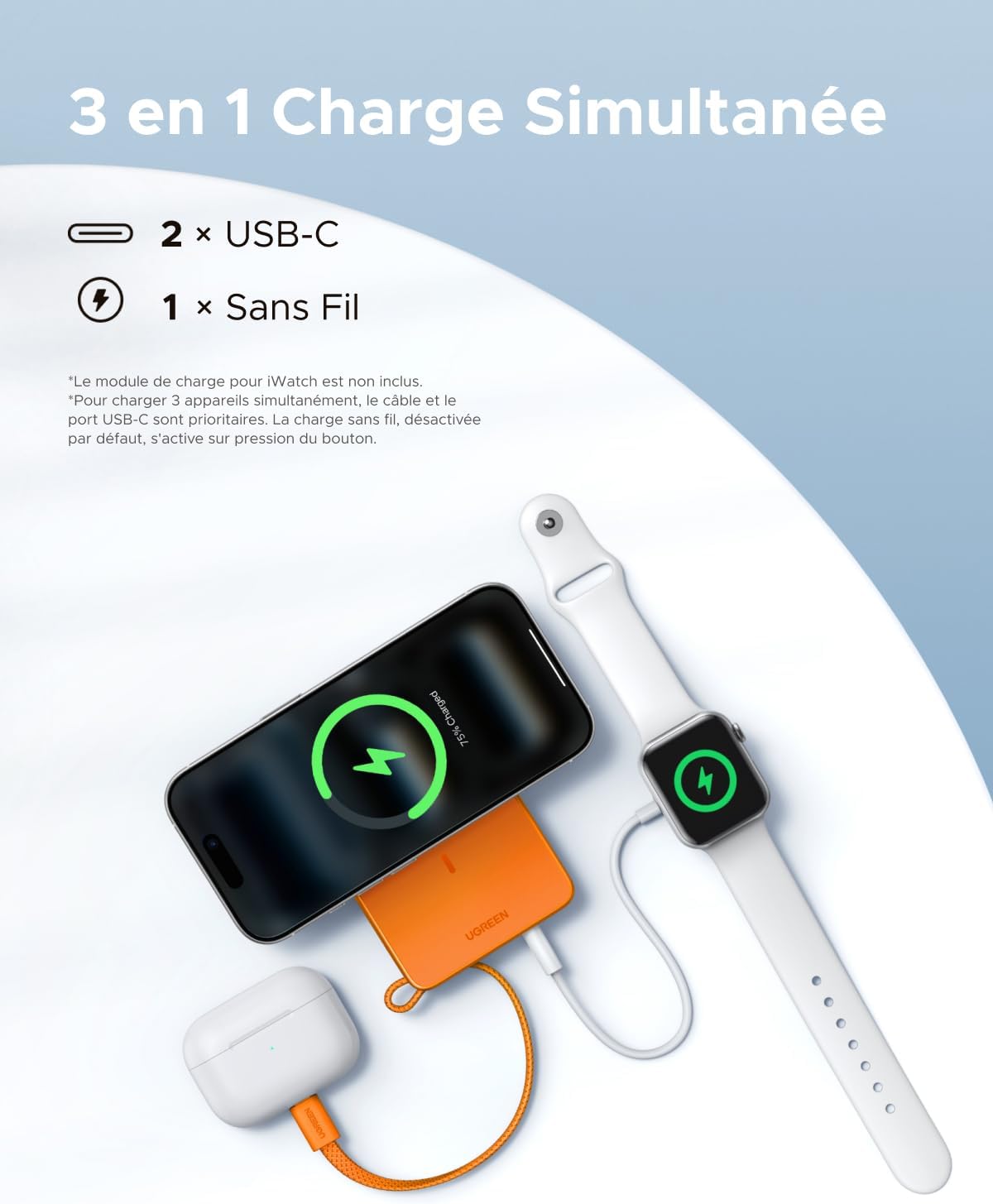 Thumbnail 5 de UGREEN MagFlow Qi2 25W — Batterie externe 10000mAh avec charge sans fil Qi2 et PD 30W (MagSafe compatible, écran numérique) en orange