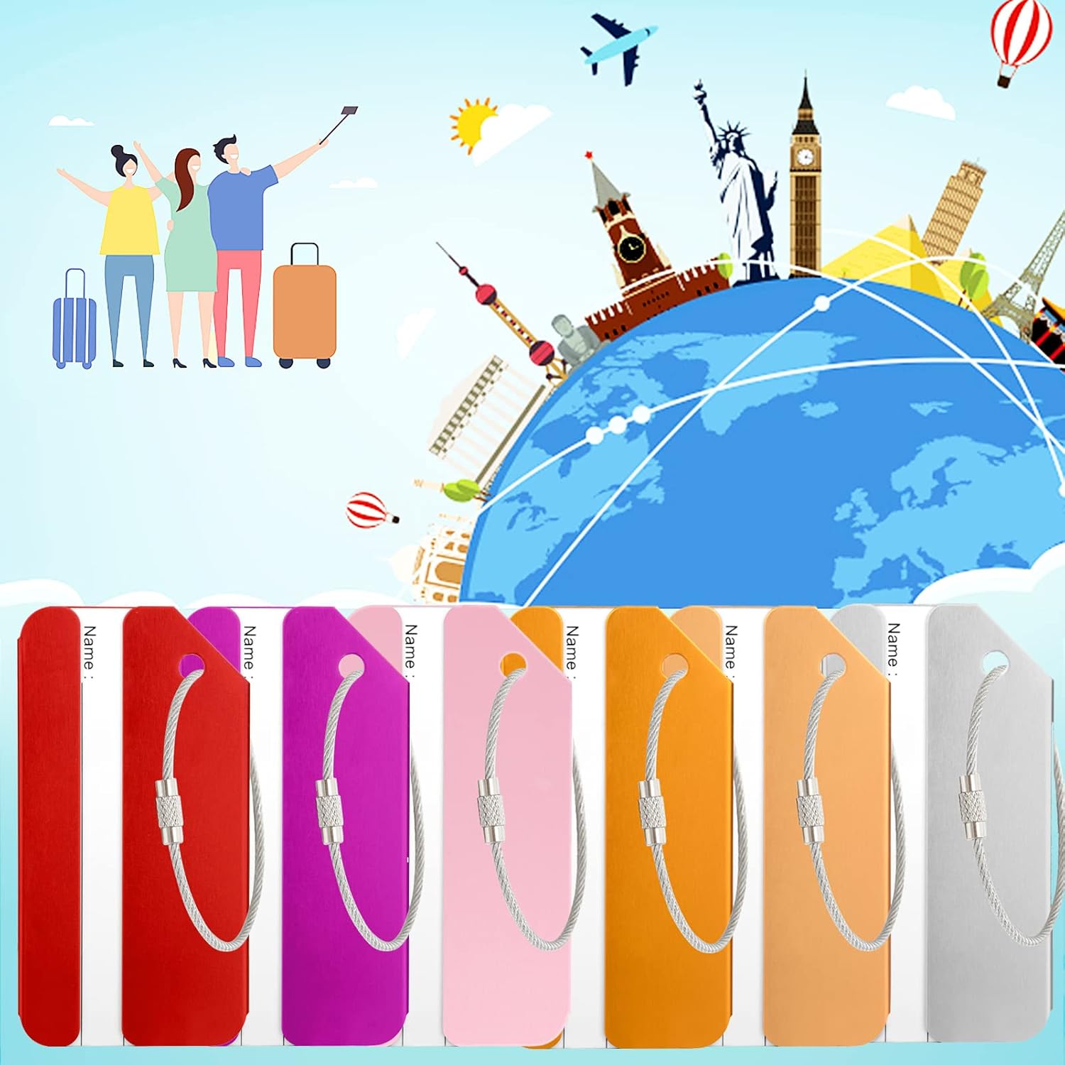 Detalle 2 de Yizhet 6-Pack Aluminium Luggage Tags with Steel Loop – Durable, Privacy-Conscious Colourful Suitcase Labels