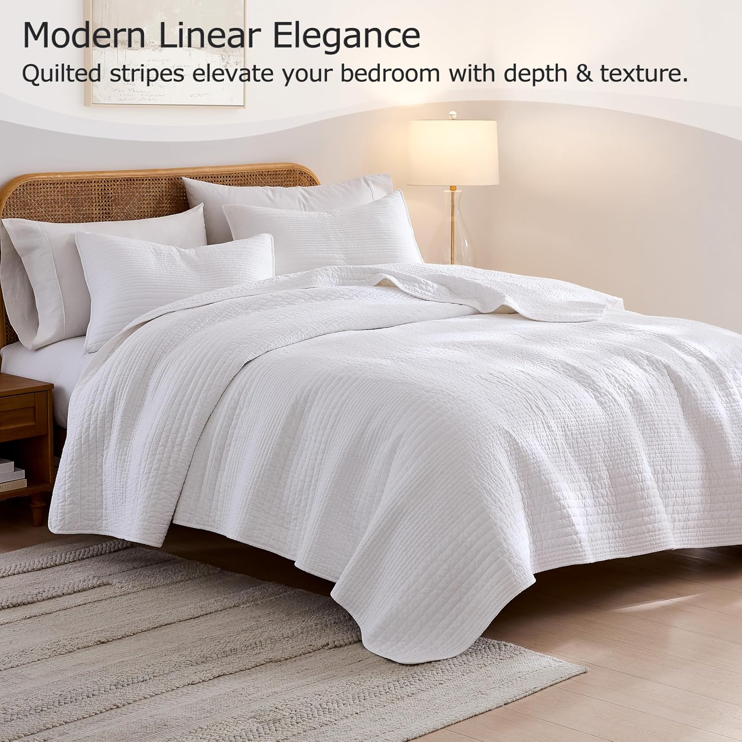 Detalle 2 de palassio Q-TZ-WHITE-CKING Cotton Quilt Set, California King, White Stripes