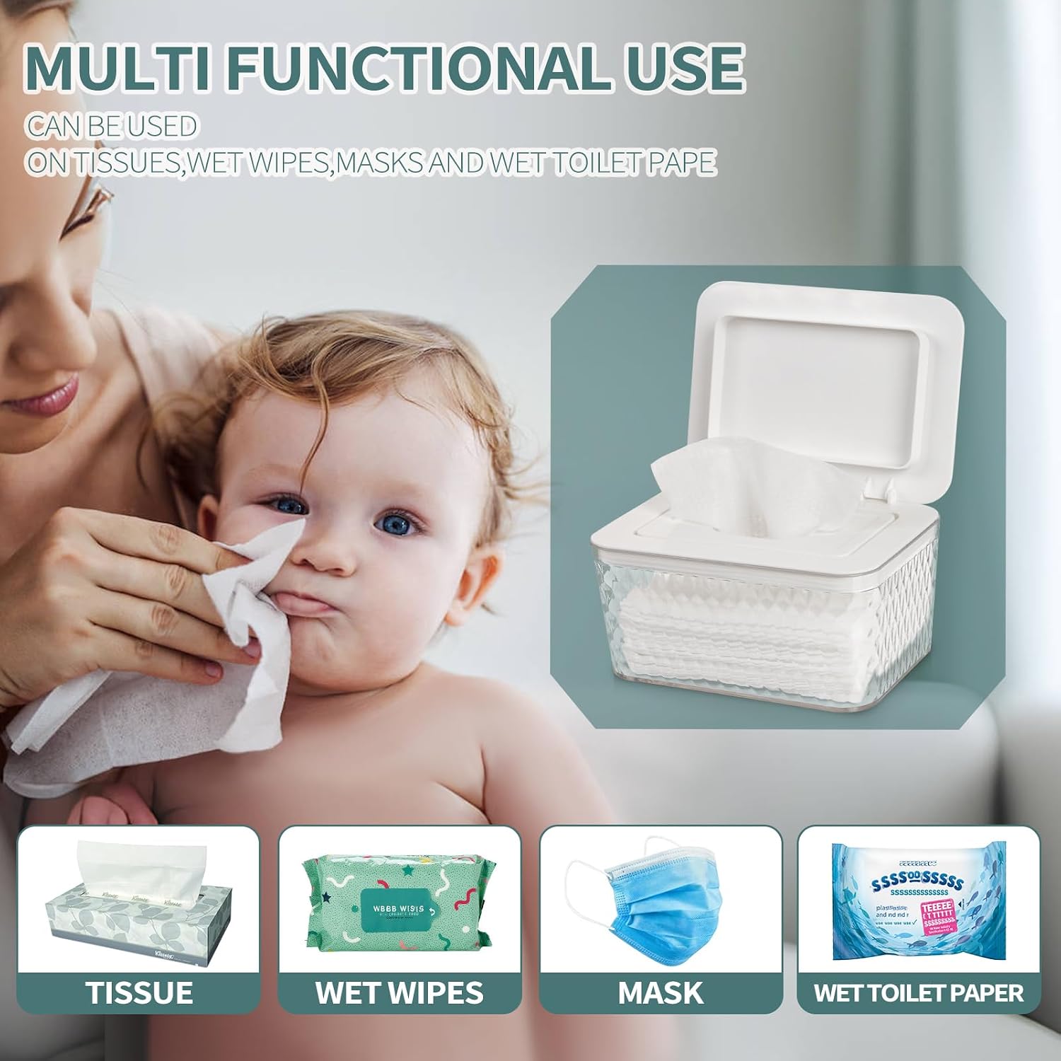 Detalle 1 de Whiidoom Wipes Dispenser, White Clear-View Holder with One-Handed Access