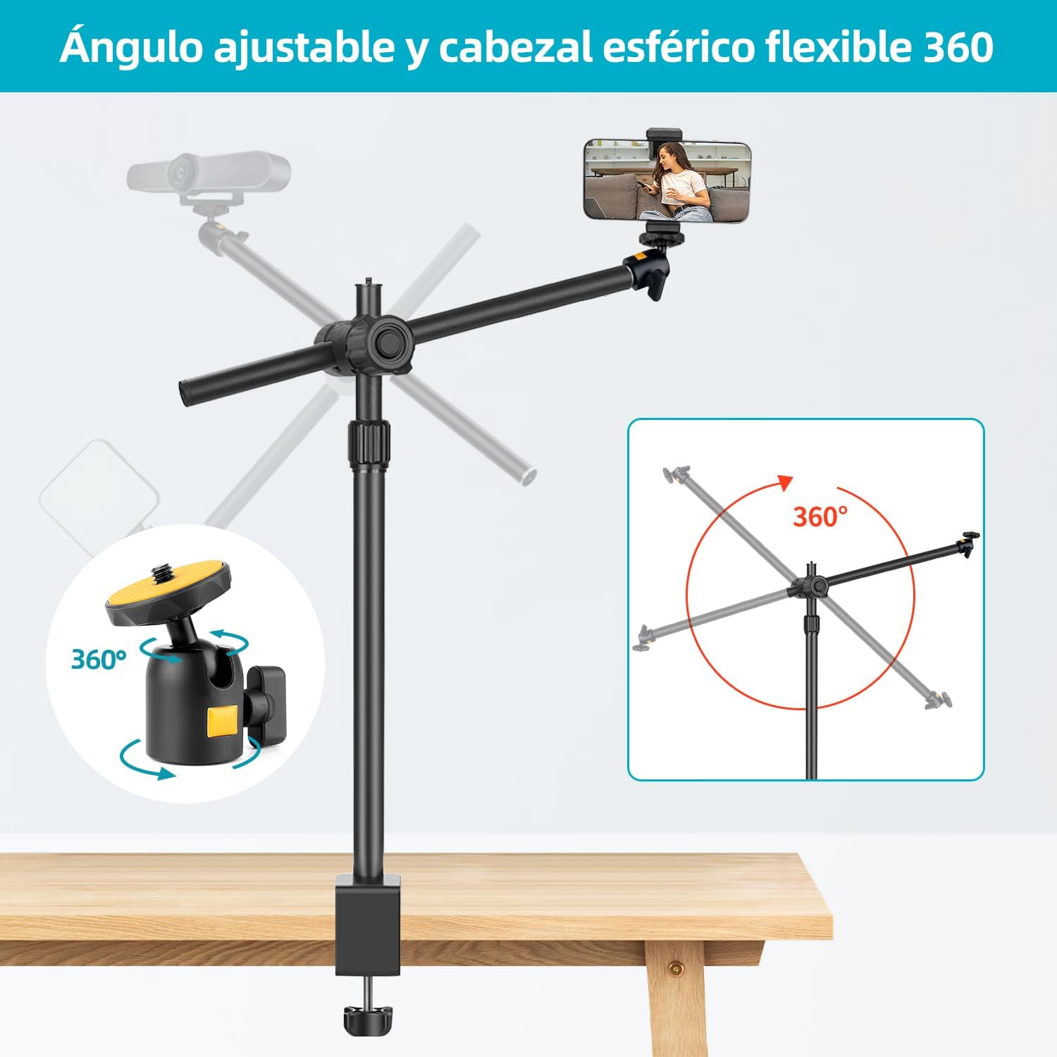 Detalle de JEBUTU OS02 Kamera-Tischstativ Overhead mit flexiblem Arm, C-Klemme und 1/4" Kugelkopf (31–57 cm)