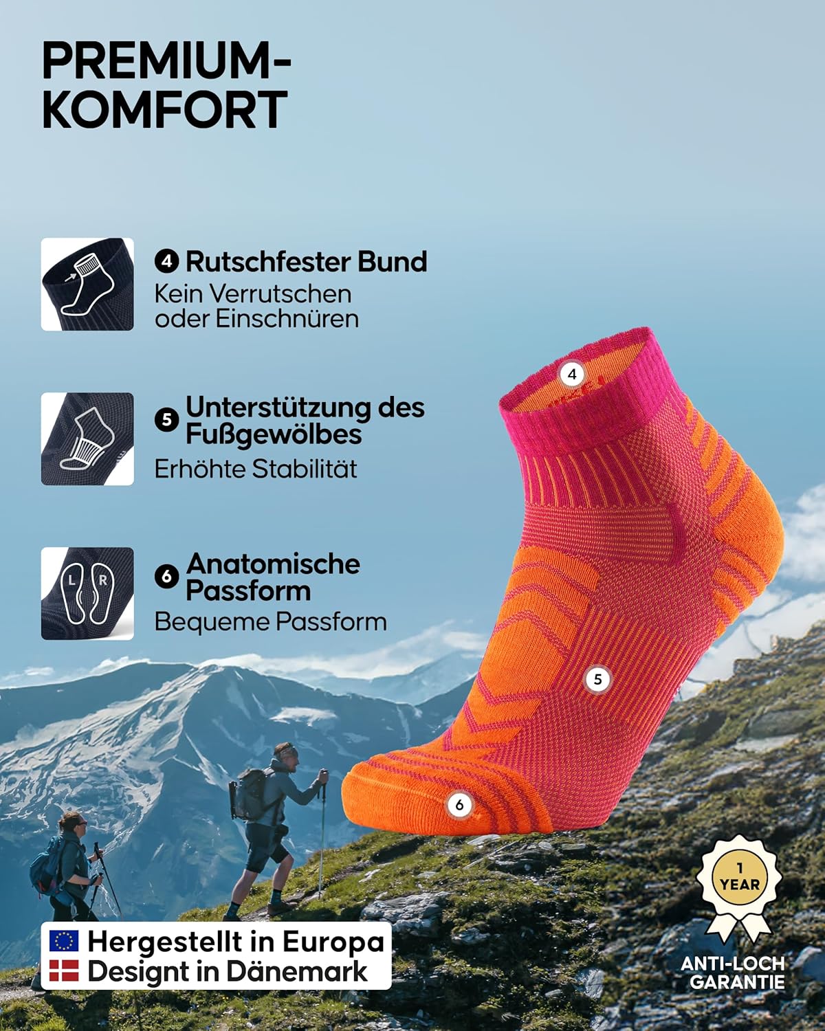 Detalle de DANISH ENDURANCE Kurze Merino-Wollwandersocken – 3 Paar, atmungsaktiv, anti-Blasen, unisex