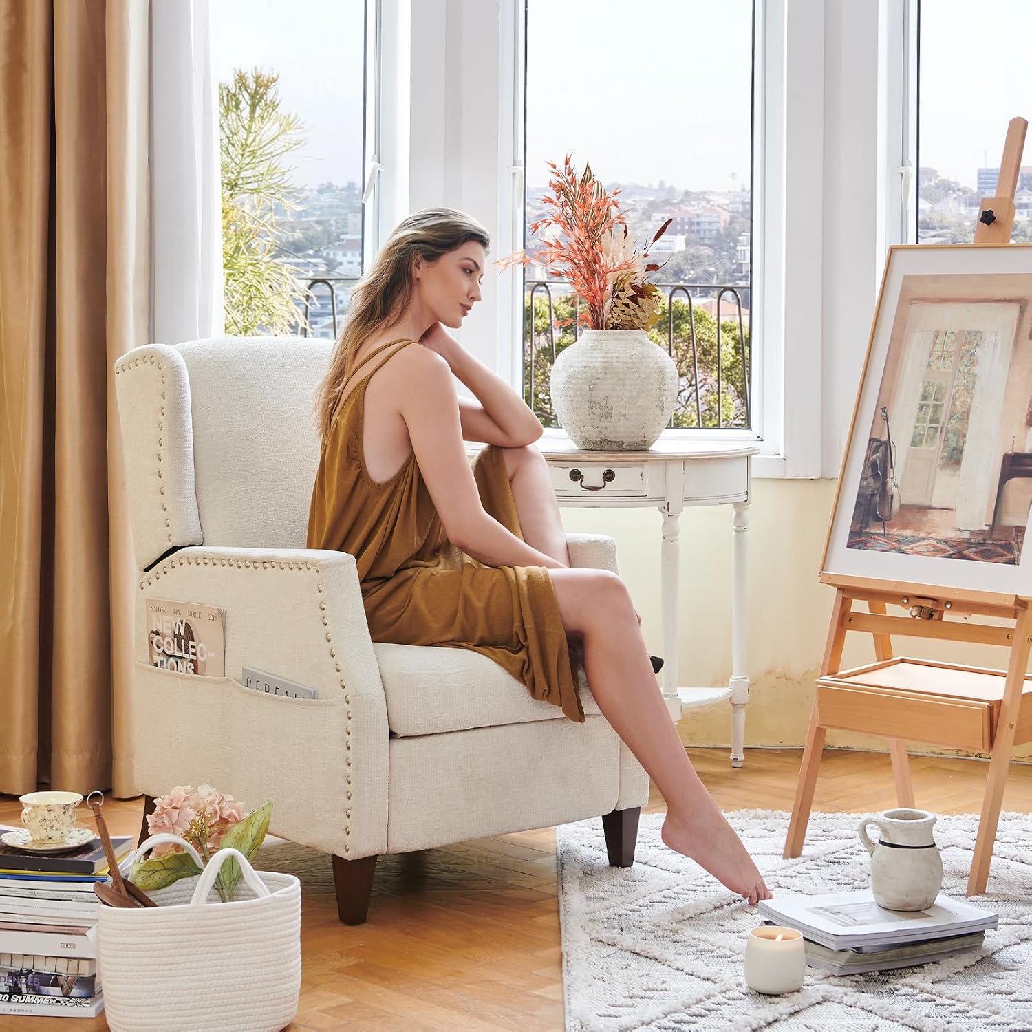 Detalle de COLAMY W502 Wingback Pushback Recliner Chair, Beige Chenille with Side Pocket