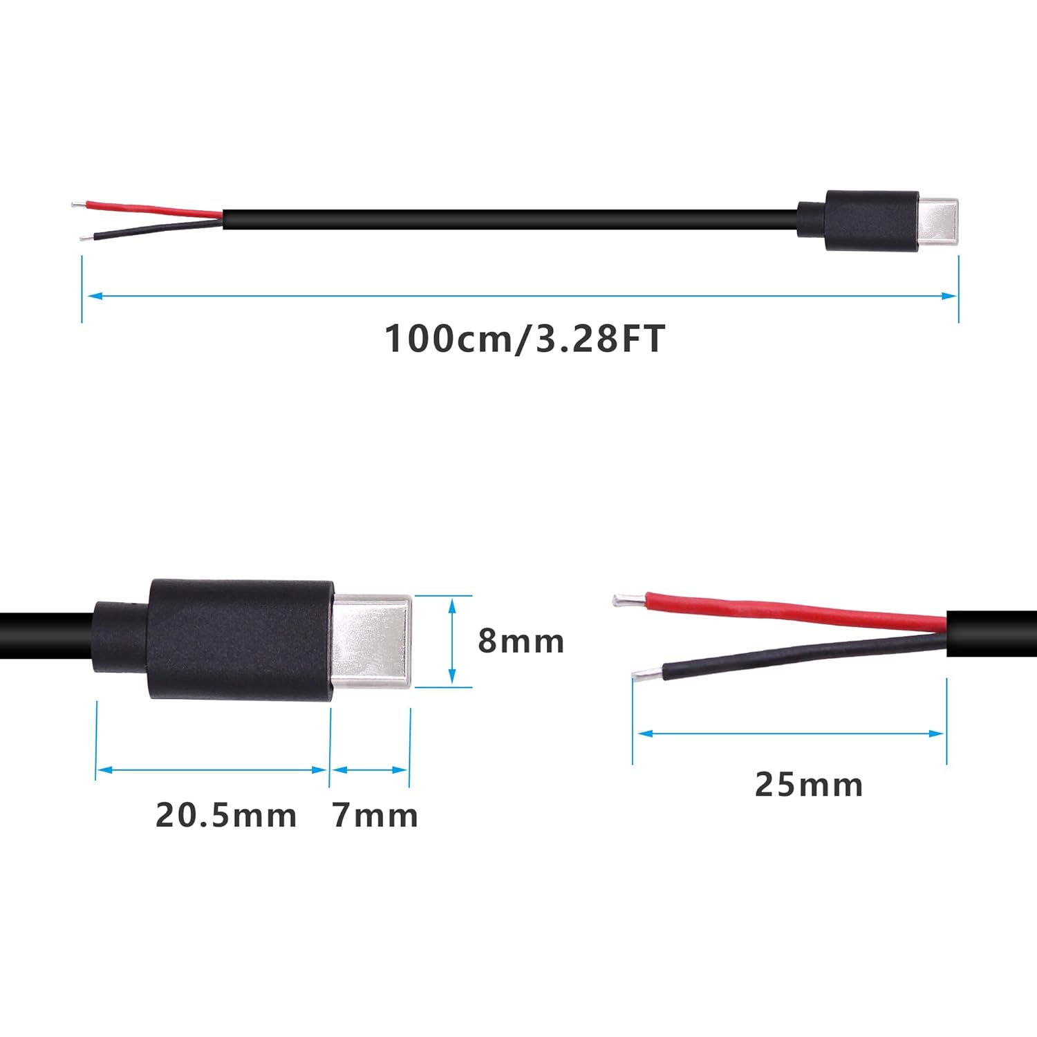 Detalle de Xilaghy USB C 2 Pin Power Pigtail Cable 1M/3.2ft (2 Pack) – DIY Power Cord Replacement