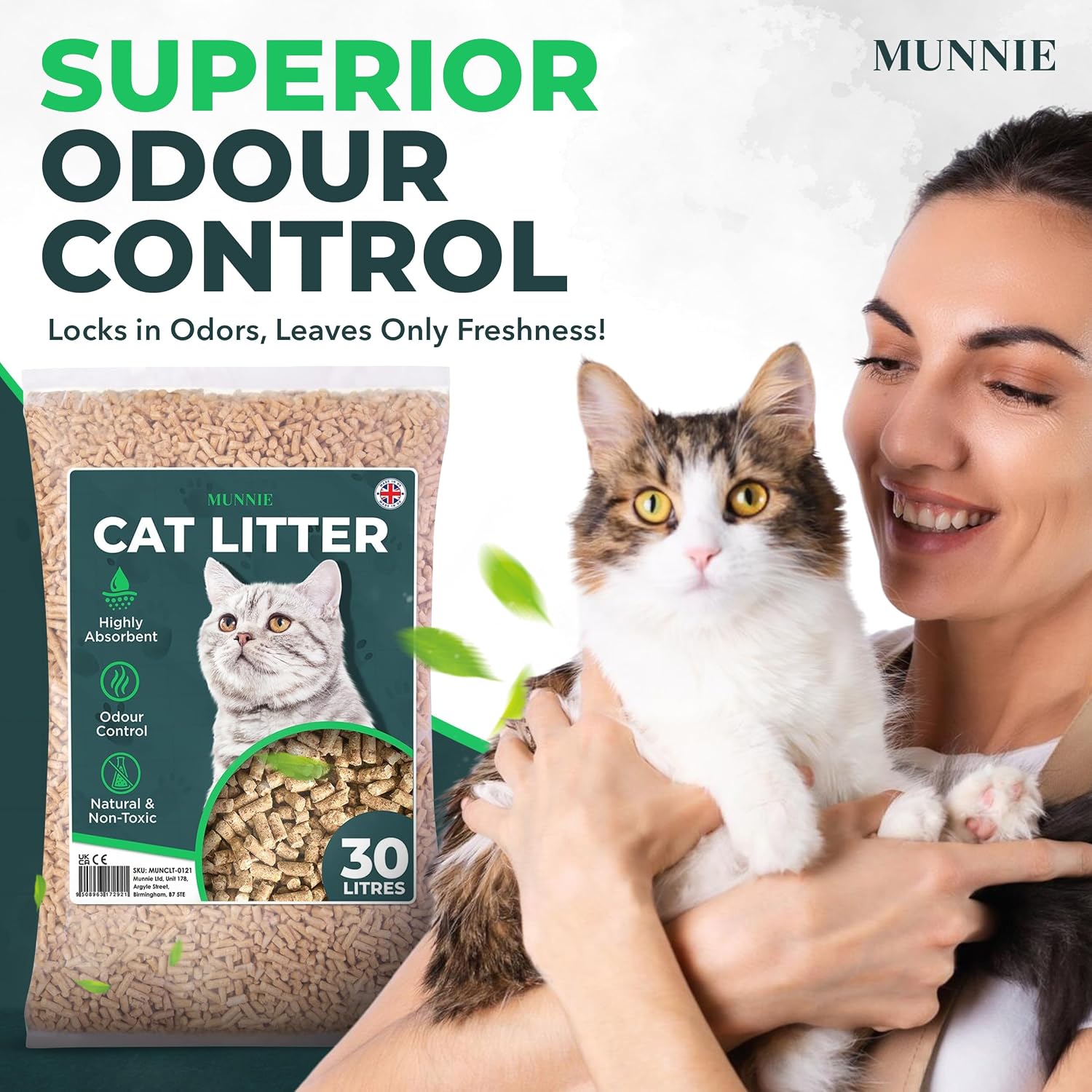 Detalle de Munnie Cat Litter 30L – Biodegradable, Dust-Free, Unscented Wood Pellets for Cats & Kittens