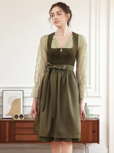 Detalle de EIISSION Dirndl Damen midi Lang Dirndl Grün – 3-teiliges Trachtenset mit Bluse und Schürze