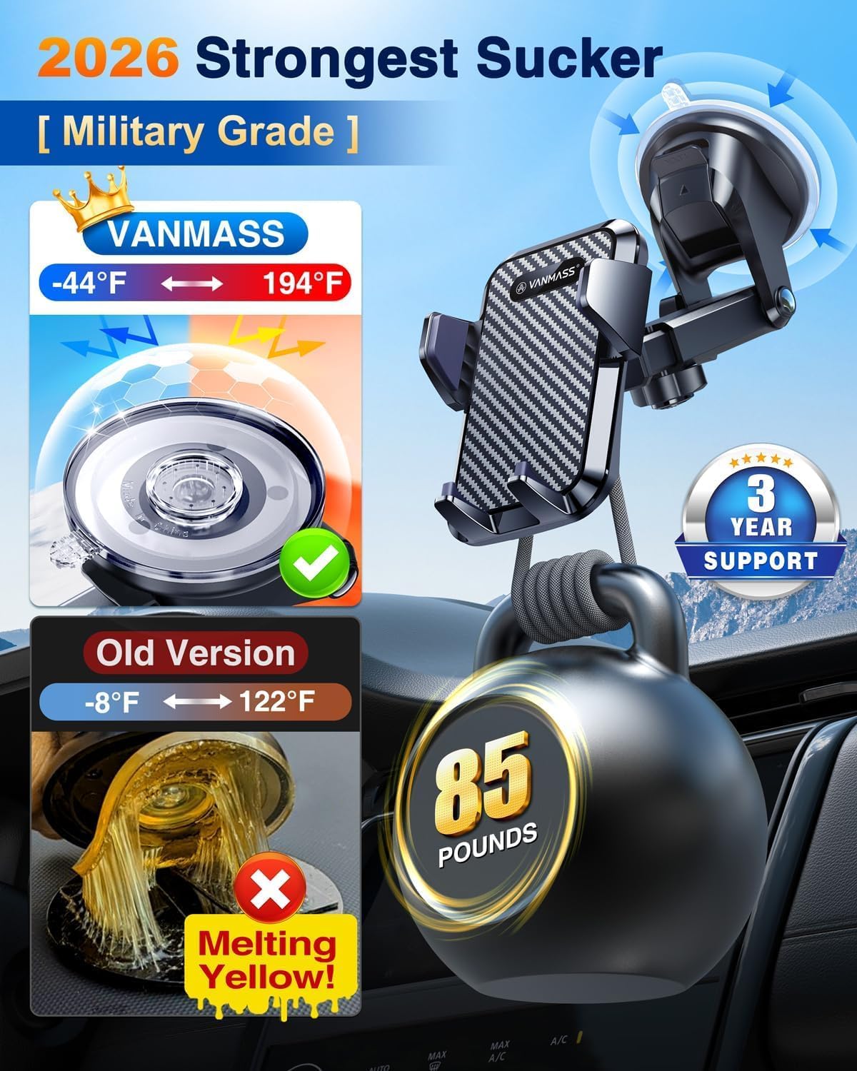 Detalle 2 de VANMASS 85+ lbs suction car phone mount