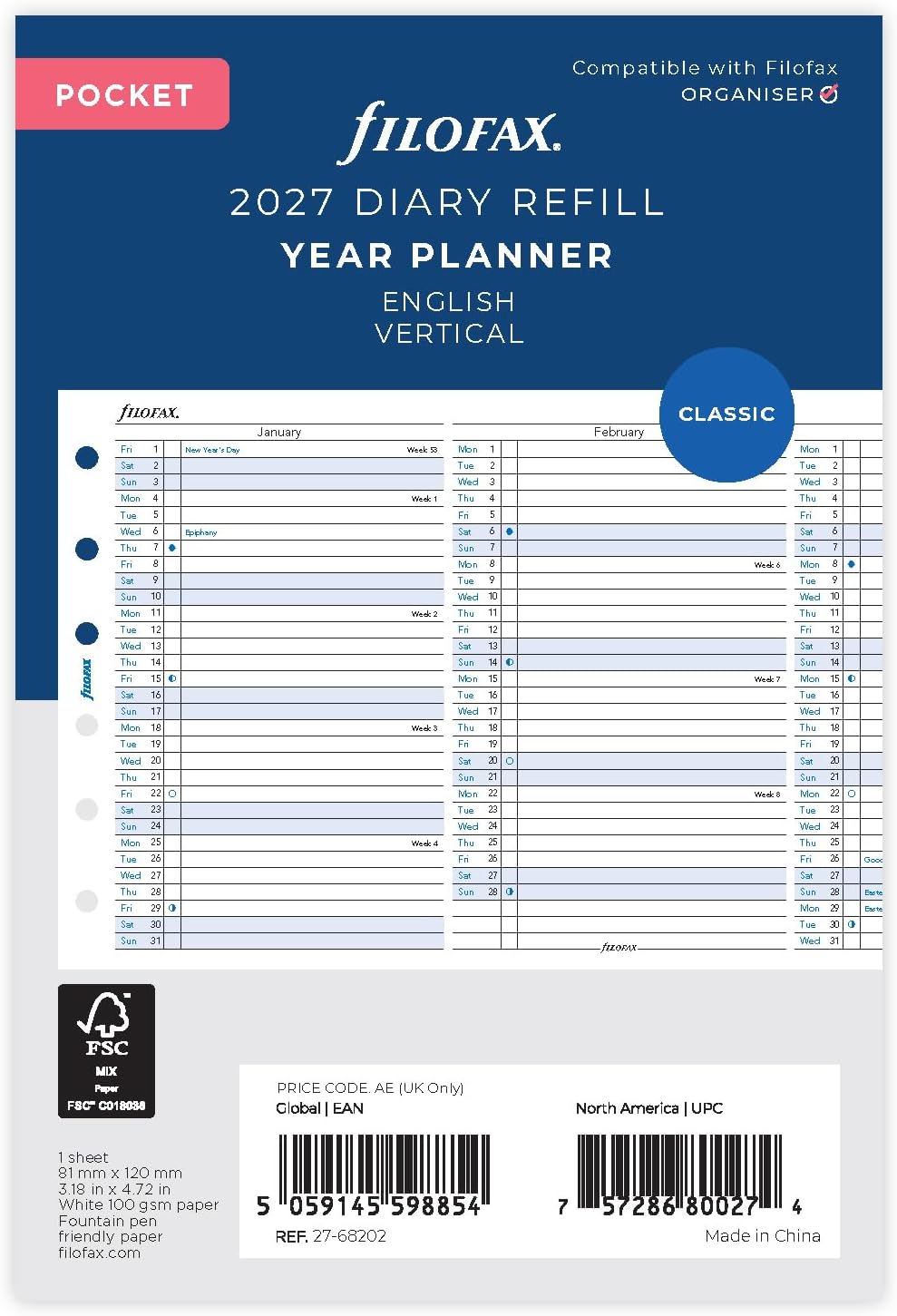 Detalle de Filofax 27-68202 Pocket jaarplanner 2027, verticaal uitvouwbaar