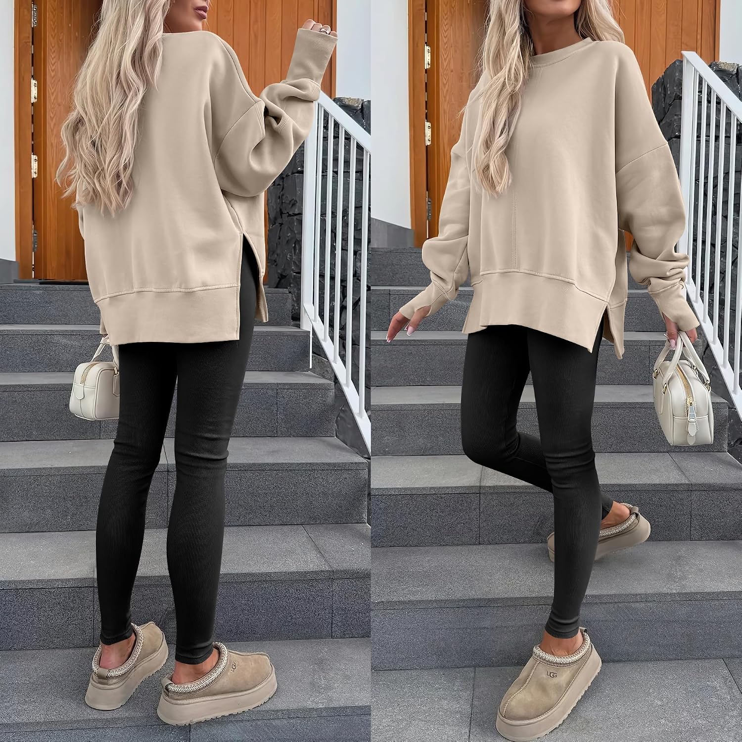 Detalle 2 de ANRABESS Oversized Fleece-Lined Sweatshirt with Thumbhole and Side Slits