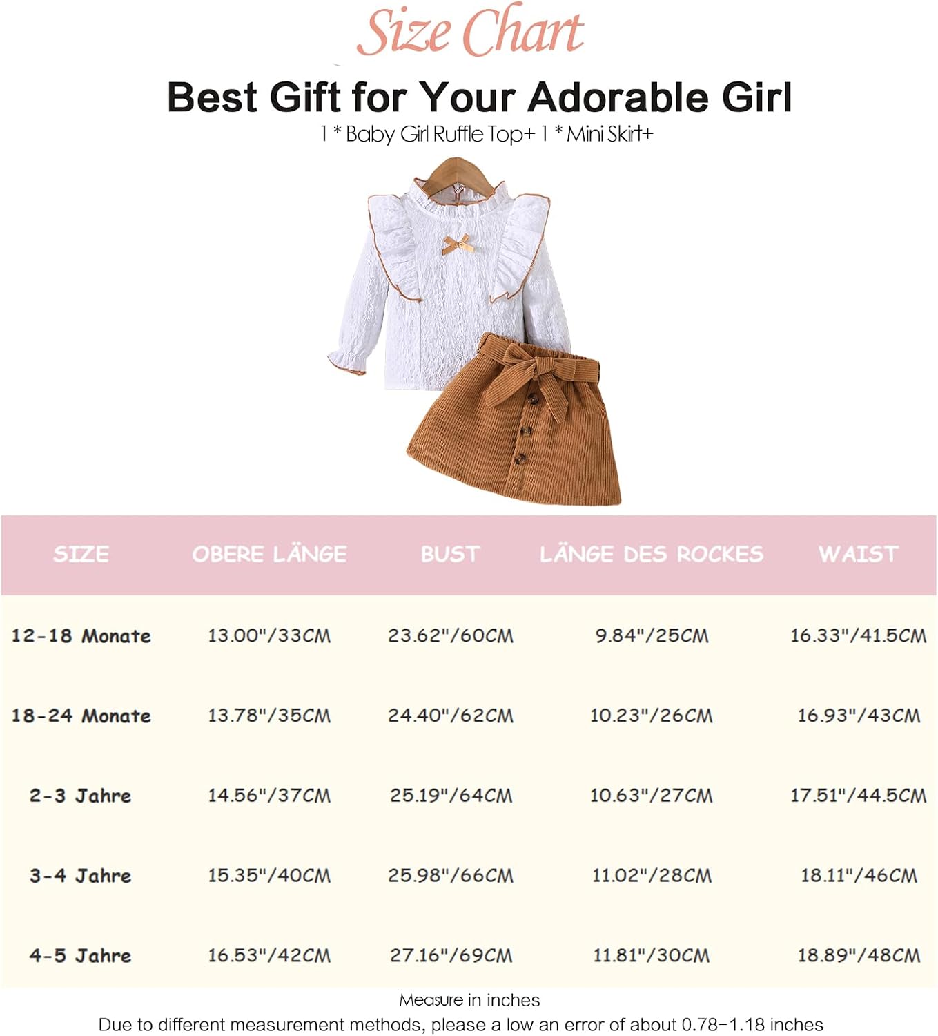 Detalle de QUNERY Toddler Girl Long Sleeve Ruffled Top and Mini Skirt Set