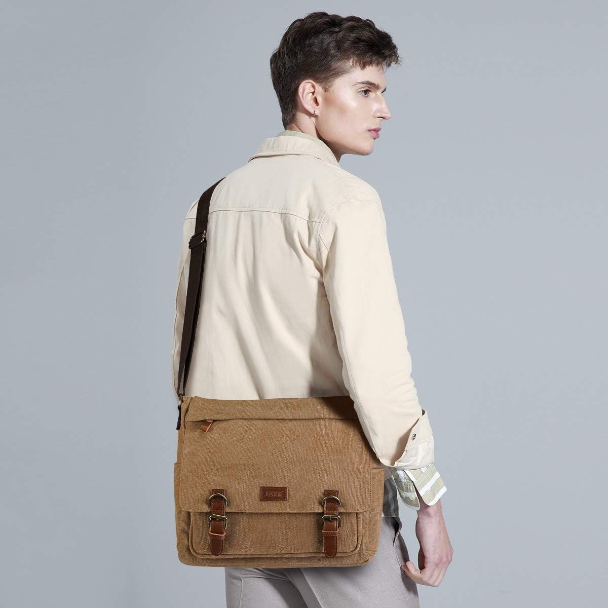 Detalle de S-ZONE Homme sac à bandoulière 15,6 pouces en toile vintage : sac messager pour ordinateur portable