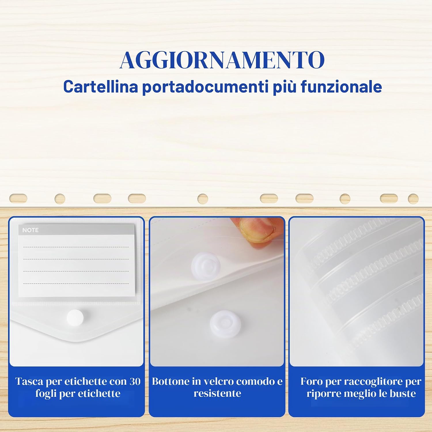 Detalle de 30 buste trasparenti A4 perforate espandibili con 11 fori per raccoglitori e chiusura in velcro