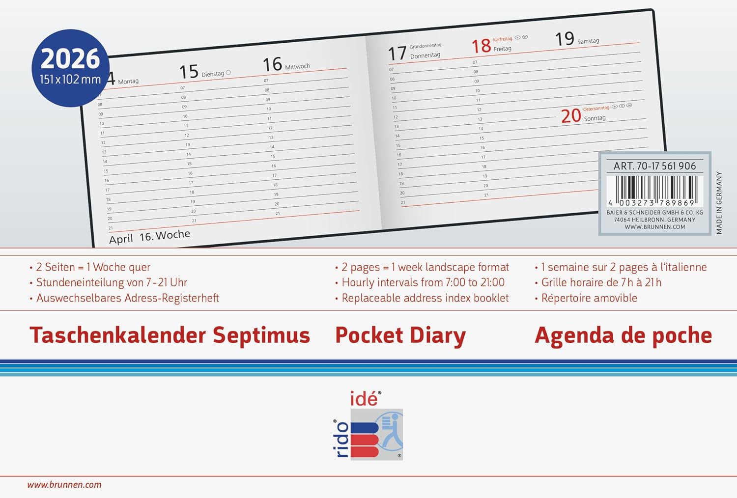 Thumbnail 3 de rido/idé Taschenkalender Septimus '26 – A6, Schwarz, Klebebindung, auswechselbares Adressheft