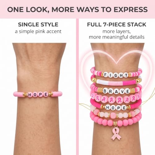 Detalle 2 de DUFYOC Ensemble de 7 Bracelets Octobre Rose — Ruban rose et perles, soutien Cancer du Sein