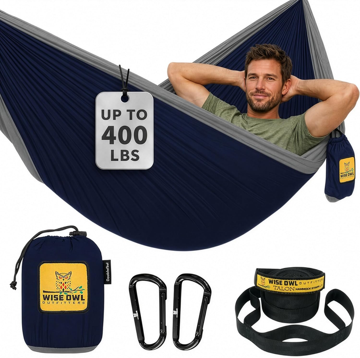 Detalle de Wise Owl Outfitters Camping Hammock – 9 ft x 4.5 ft, Tree Straps Included, Portable up to 400 lbs