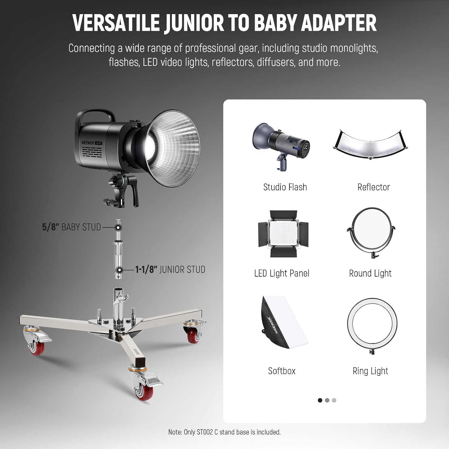 Detalle de NEEWER ST002 Base per stativo luce in acciaio inox con ruote e adattatore Junior–Baby
