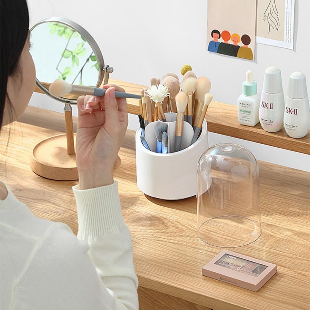 Detalle de Fantasee 360° Rotating Makeup Brush Organizer – 7 Compartment, White Cylindrical with Transparent Dustproof Cover