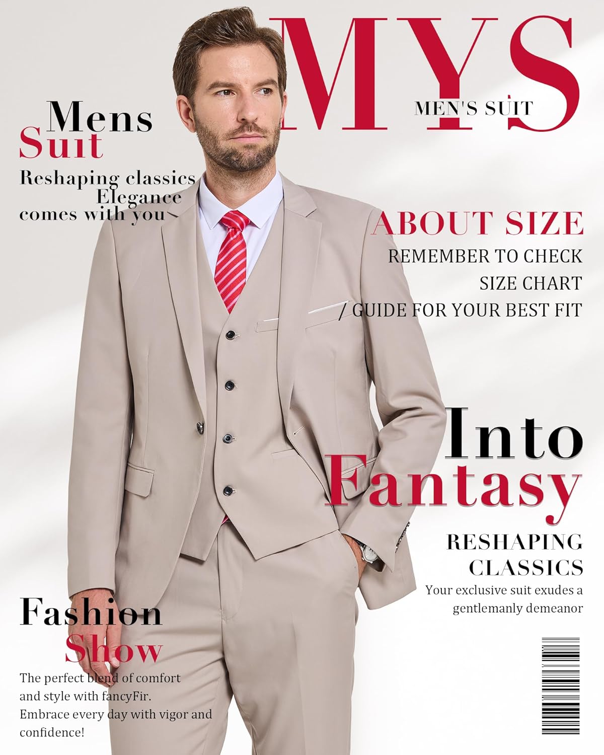 Thumbnail 6 de MY'S Men's 3 Piece Suit Set with Tie - Slim Fit One Button Jacket, Vest & Pants
