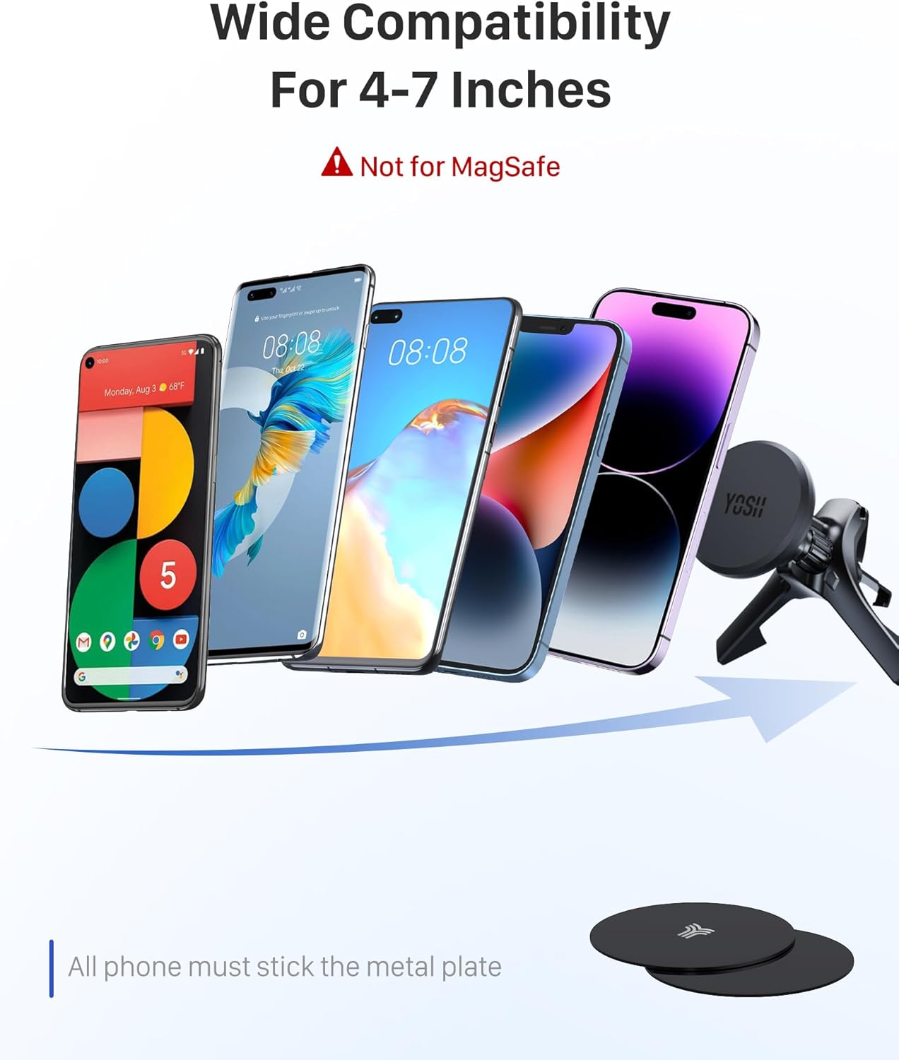 Thumbnail 5 de YOSH Magnetic Phone Car Mount for round air vents (metal plate required), compatible with iPhone 16 & Android phones
