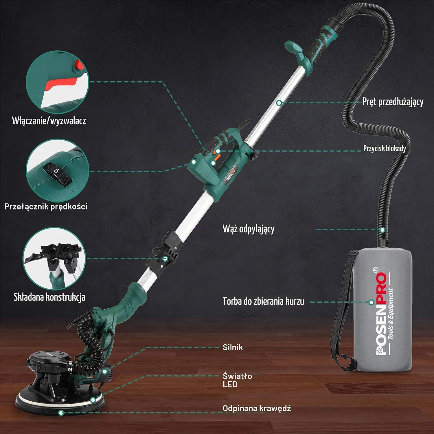 Detalle 2 de POSENPRO PPDS810/215 – szlifierka do płyt g-k 810 W, 6 prędkości i LED