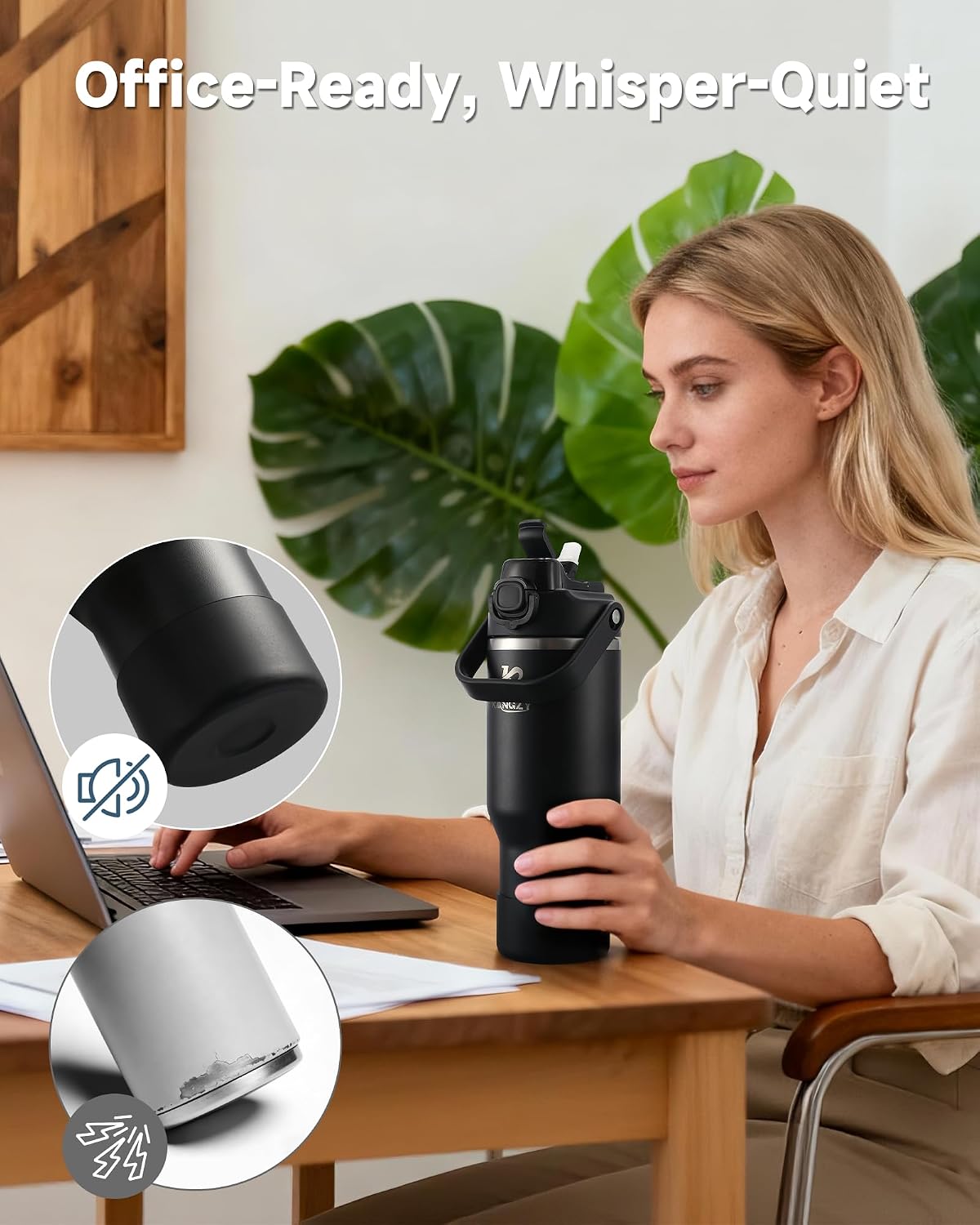 Detalle de KANGZY 1L/32oz Vacuum Insulated Metal Water Bottle with 2-in-1 Straw & Spout Lid – Jet Black