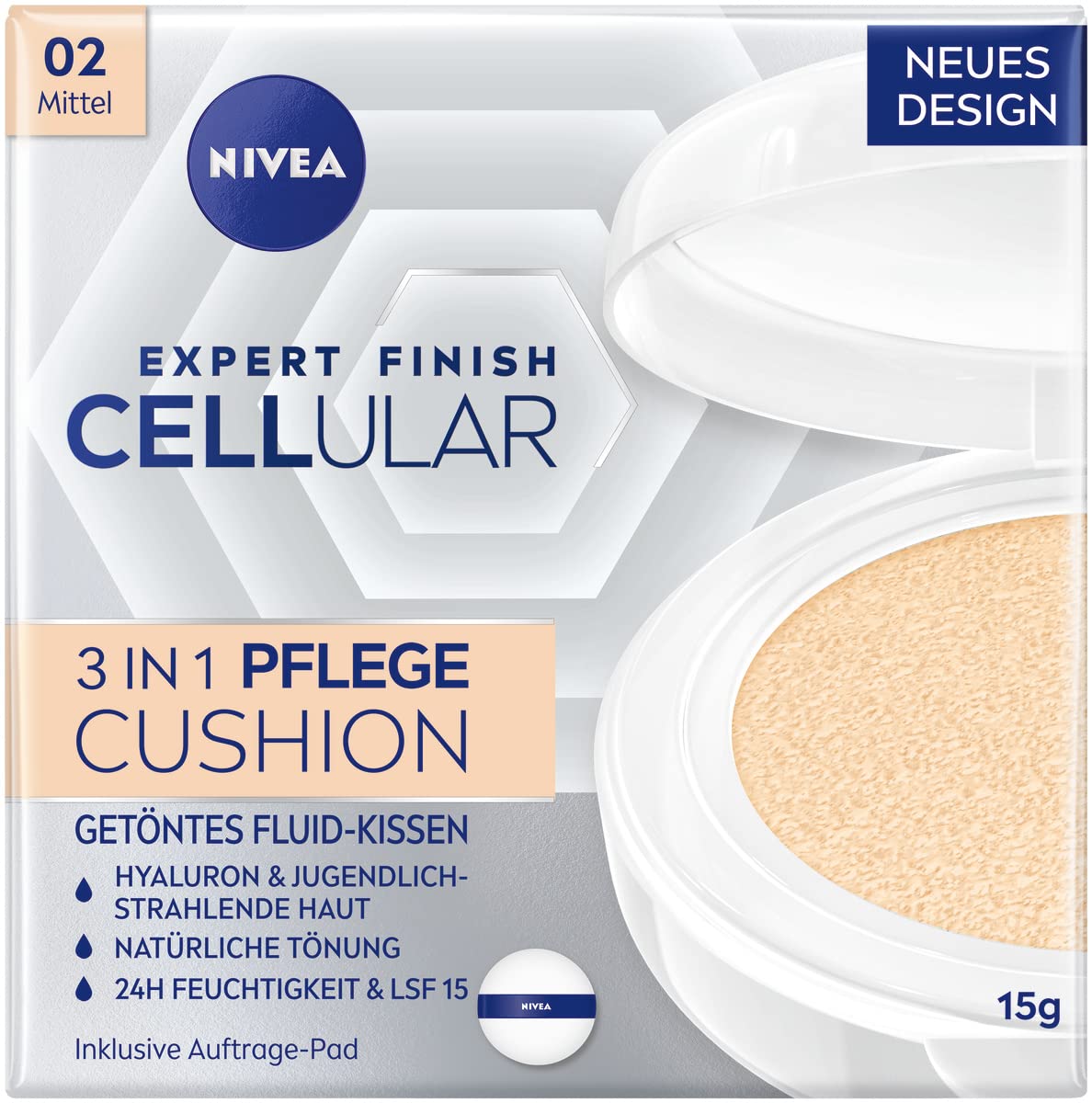 Detalle de NIVEA Cellular Expert Finish 3in1 Pflege Cushion – Make-up mit Hyaluron, Kollagen-Booster und LSF 15 (15 g) für mittlere Hauttöne