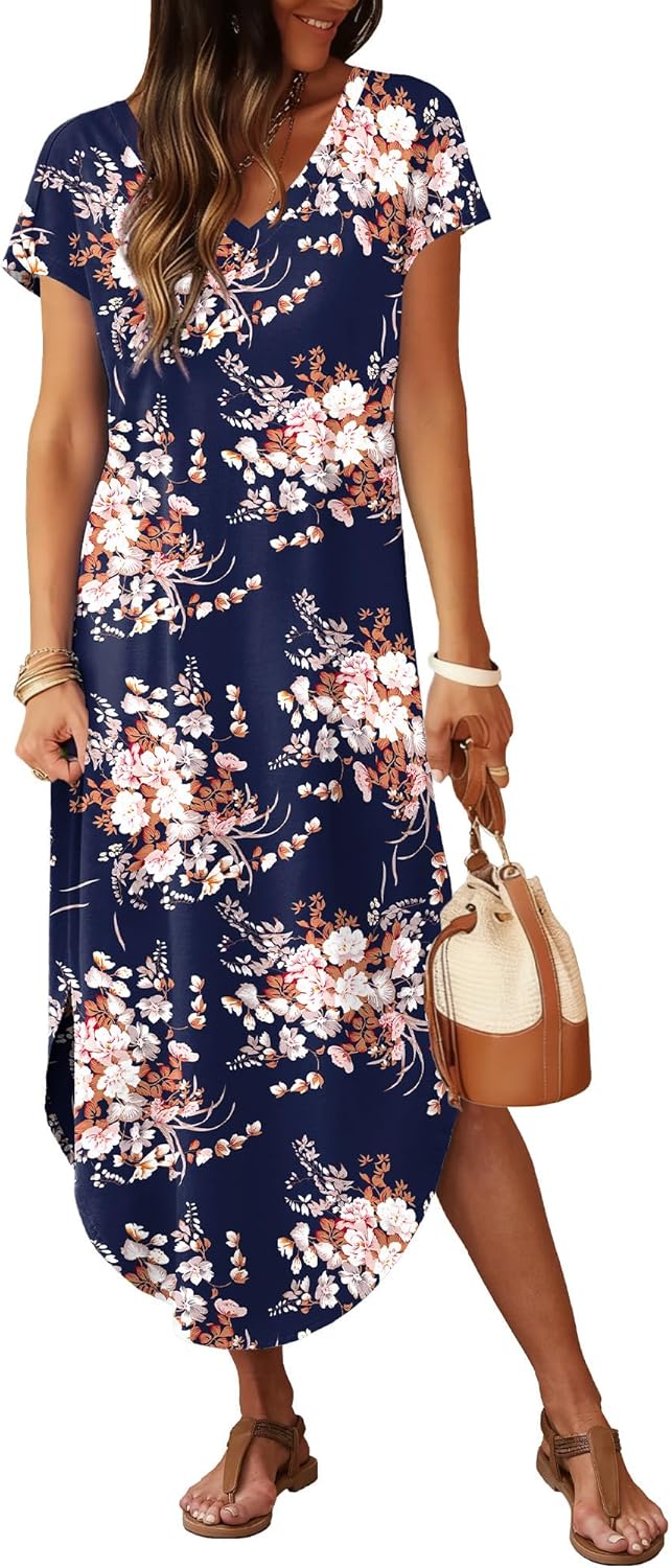 Detalle de RUMIA Summer Casual Maxi Dress for Women with V-Neck, Cap Sleeves, Pockets, and Boho Vibe
