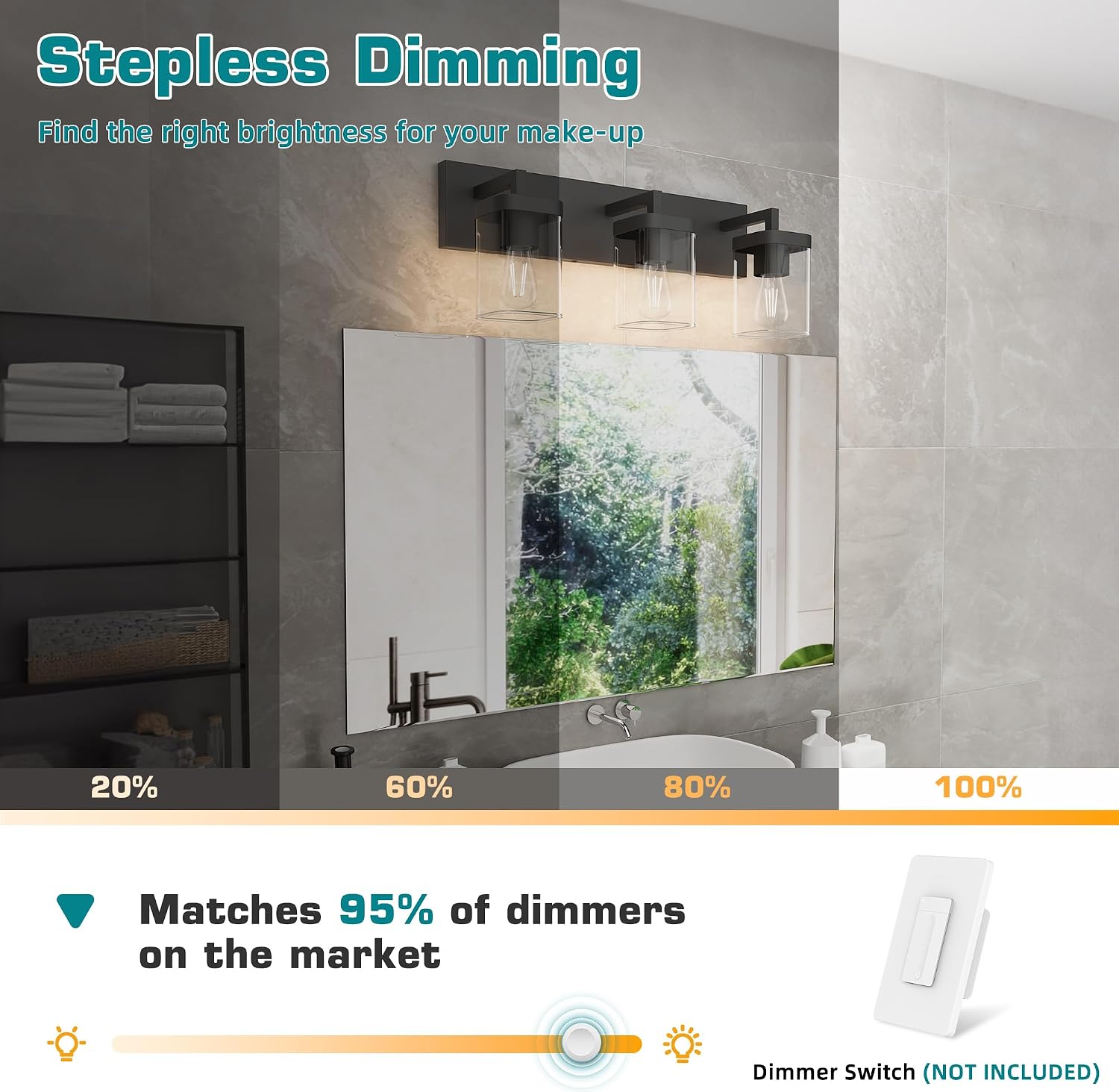 Detalle de Danshinro 3-Light Bathroom Vanity Light, Black Metal with Glass Shades