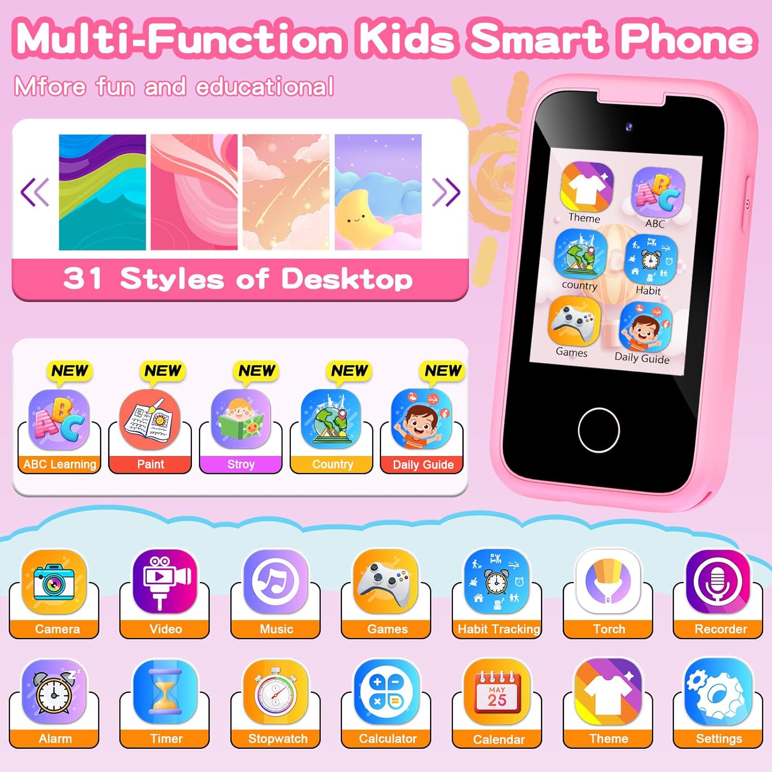 Detalle 2 de WEOLULI PH05 Kids Toy Phone with Camera, Learning Games, and Music