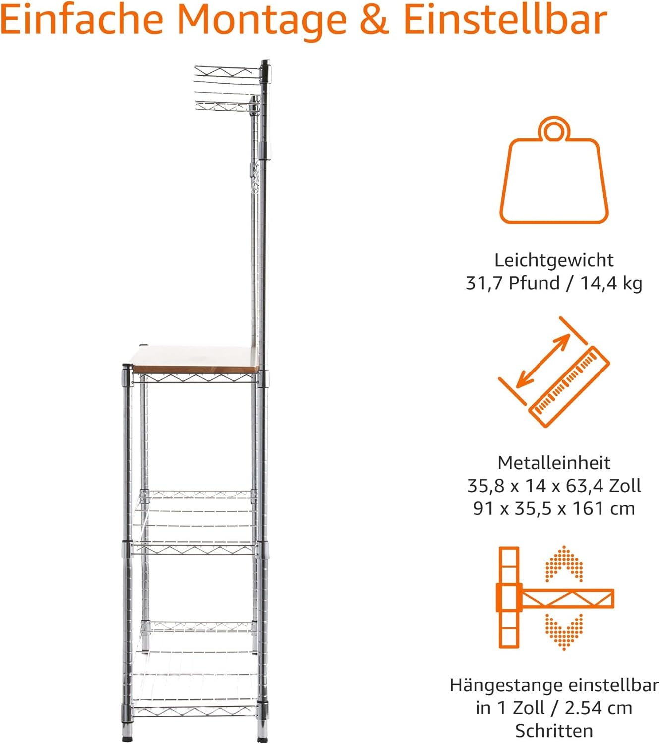 Detalle de Amazon Basics Küchenregal 3 Regale – Holz/Chromfarben, 161 cm Höhe, Traglast 190,5 kg