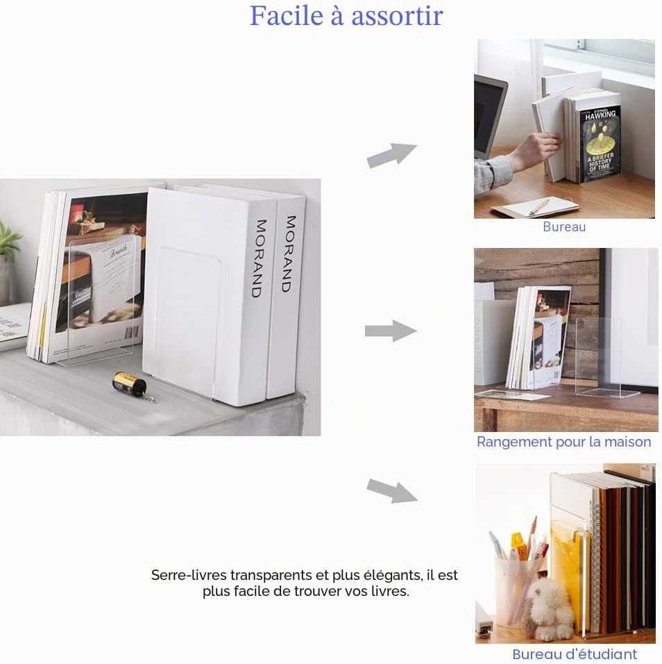 Detalle de MerryNine — Lot de 2 serre-livres transparents en plastique acyclique pour livres et papeterie