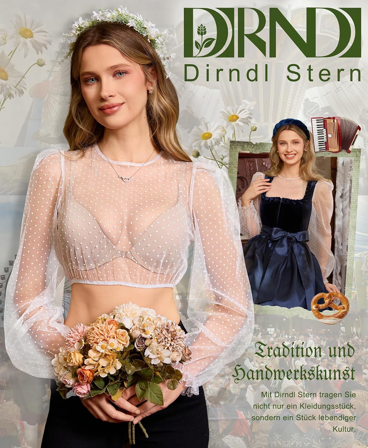 Thumbnail 1 de DIRNDLSTERN Bluse Damen Langarm – Dirndlbluse Transparent mit Punkten, Puffärmel für Oktoberfest