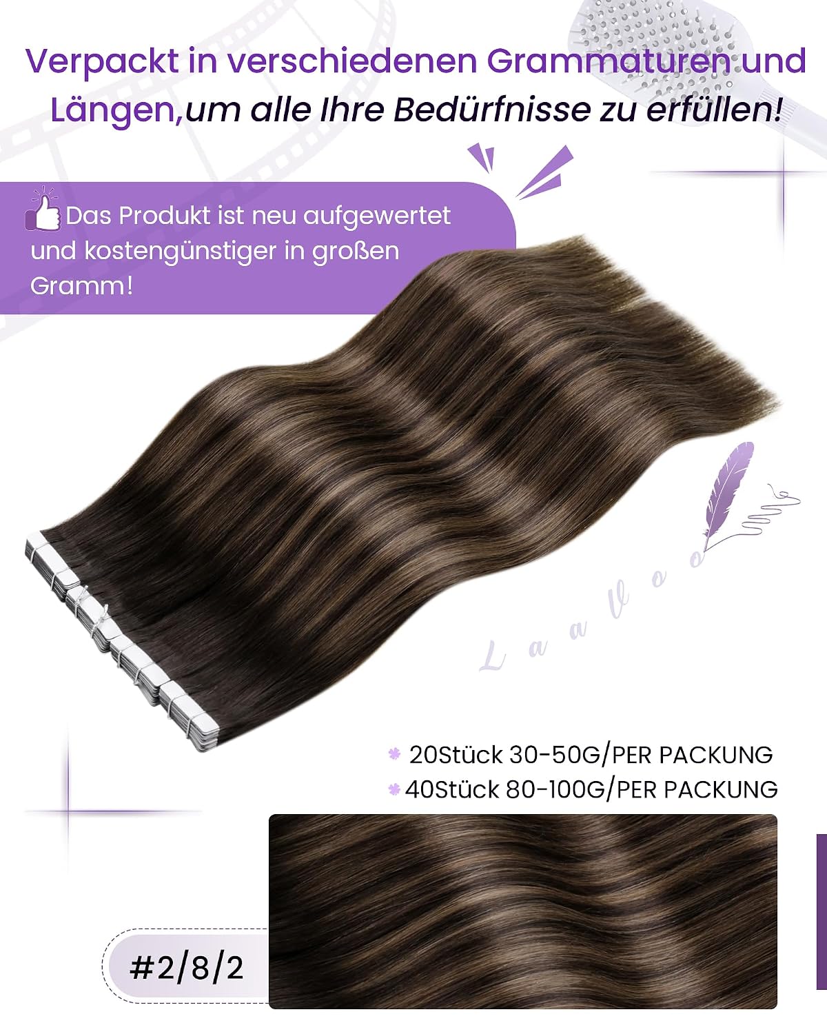 Thumbnail 2 de LaaVoo Tape-in Echthaar-Extension Balayage „Braun“ dunkelbraun/hellbraun (30 cm, 30 g, 20 Stück) #2/8/2